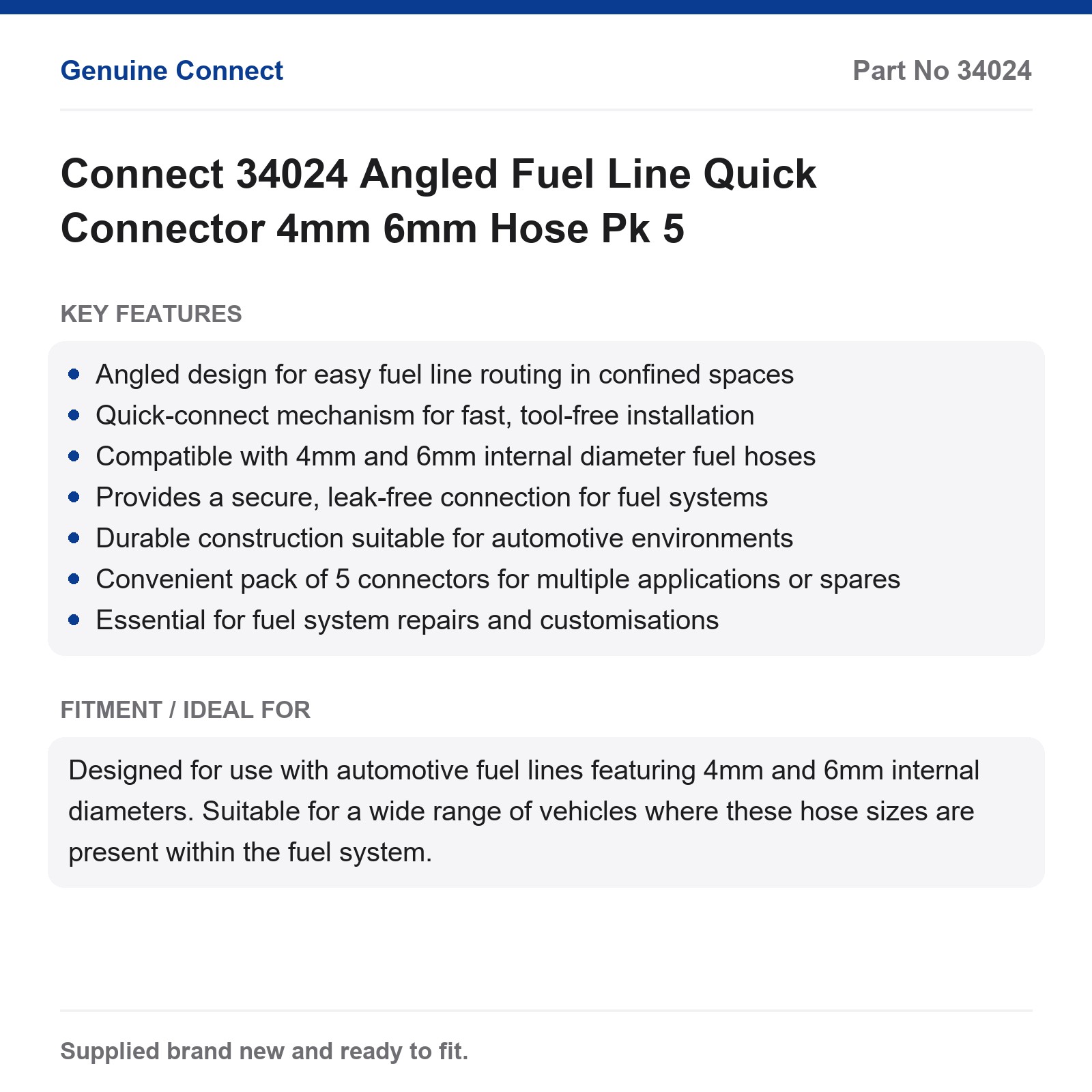 Connect 34024 Angled Fuel Line Quick Connector 4mm 6mm Hose Pk 5 - Image 2