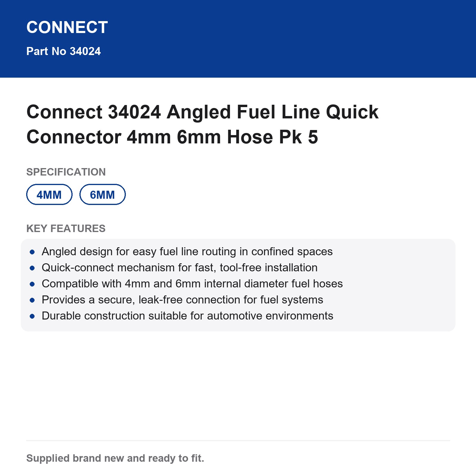 Connect 34024 Angled Fuel Line Quick Connector 4mm 6mm Hose Pk 5 - Image 3