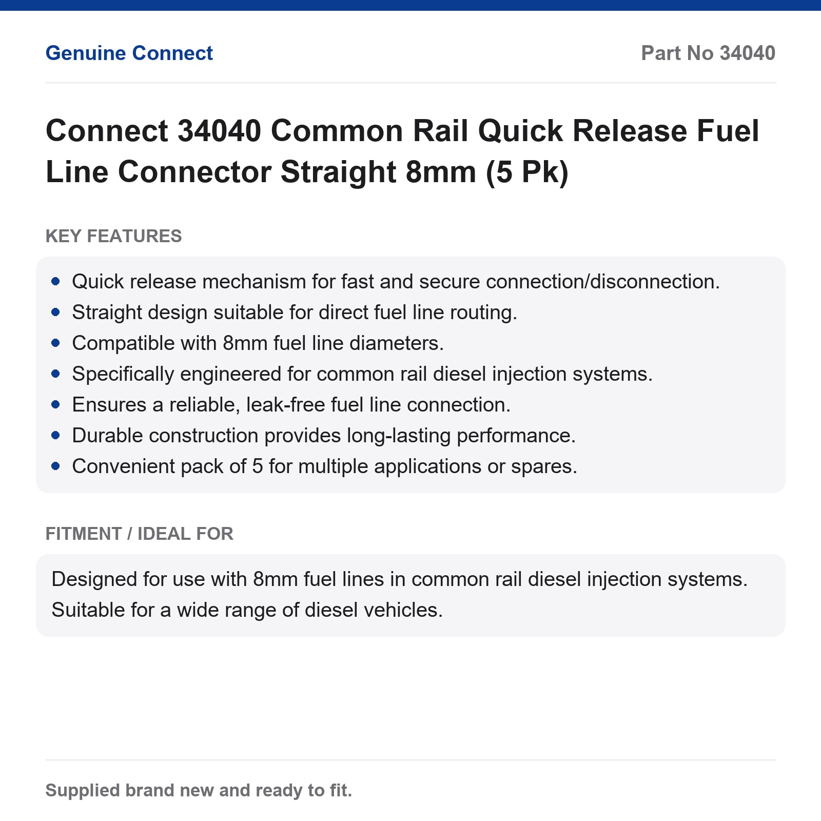 Connect 34040 Common Rail Quick Release Fuel Line Connector Straight 8mm (5 Pk) - Image 2