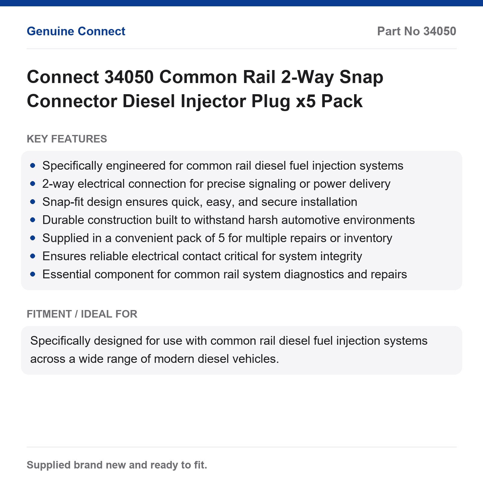 Connect 34050 Diesel Injector Plug Common Rail 2-Way Snap Connector x5 Pack - Image 2