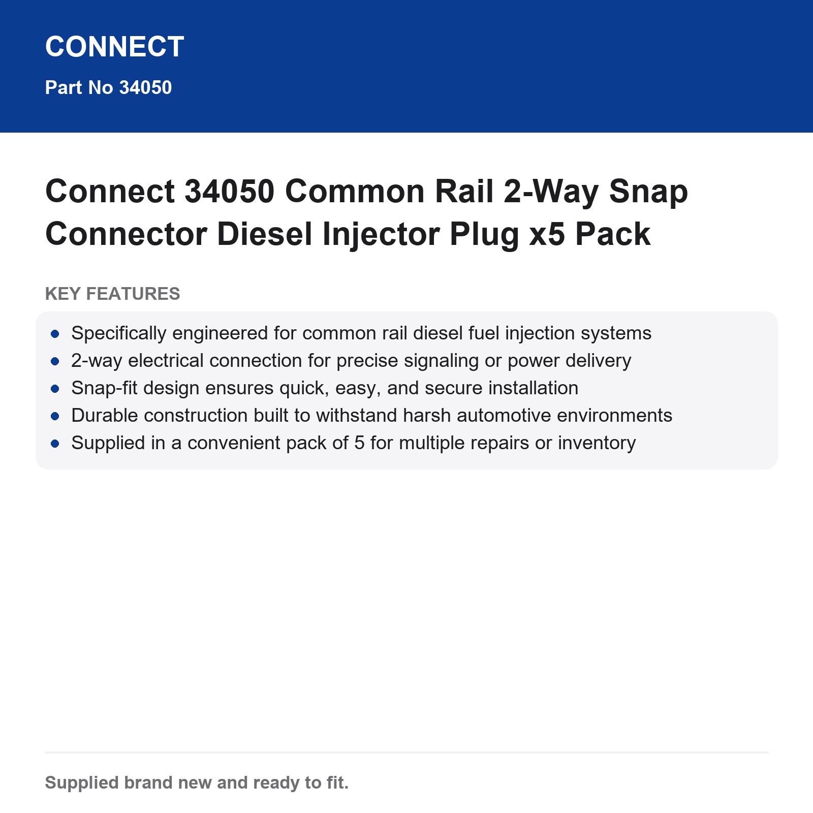Connect 34050 Diesel Injector Plug Common Rail 2-Way Snap Connector x5 Pack - Image 3