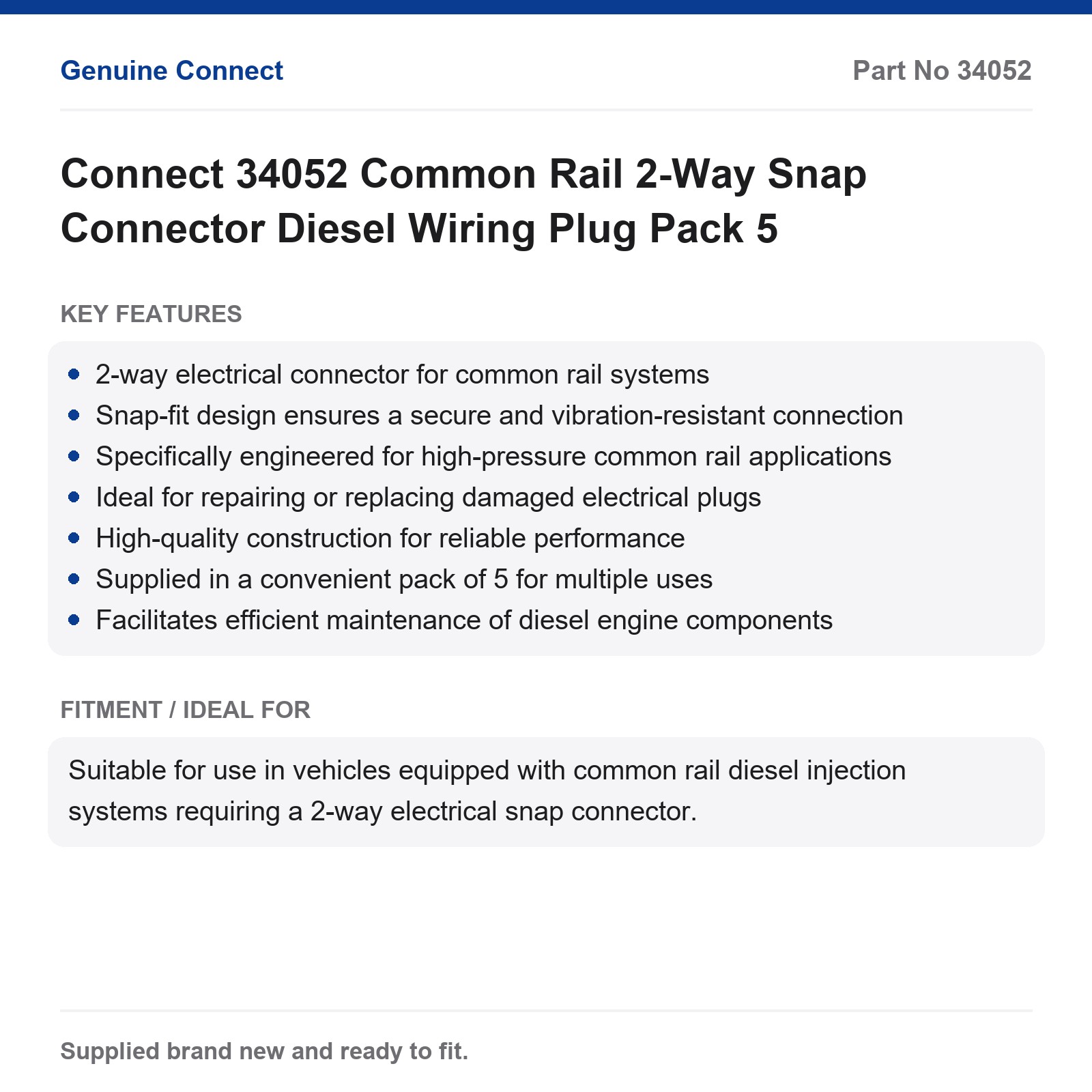 Connect 34052 Common Rail 2-Way Snap Connector Diesel Wiring Plug Pack 5 - Image 2