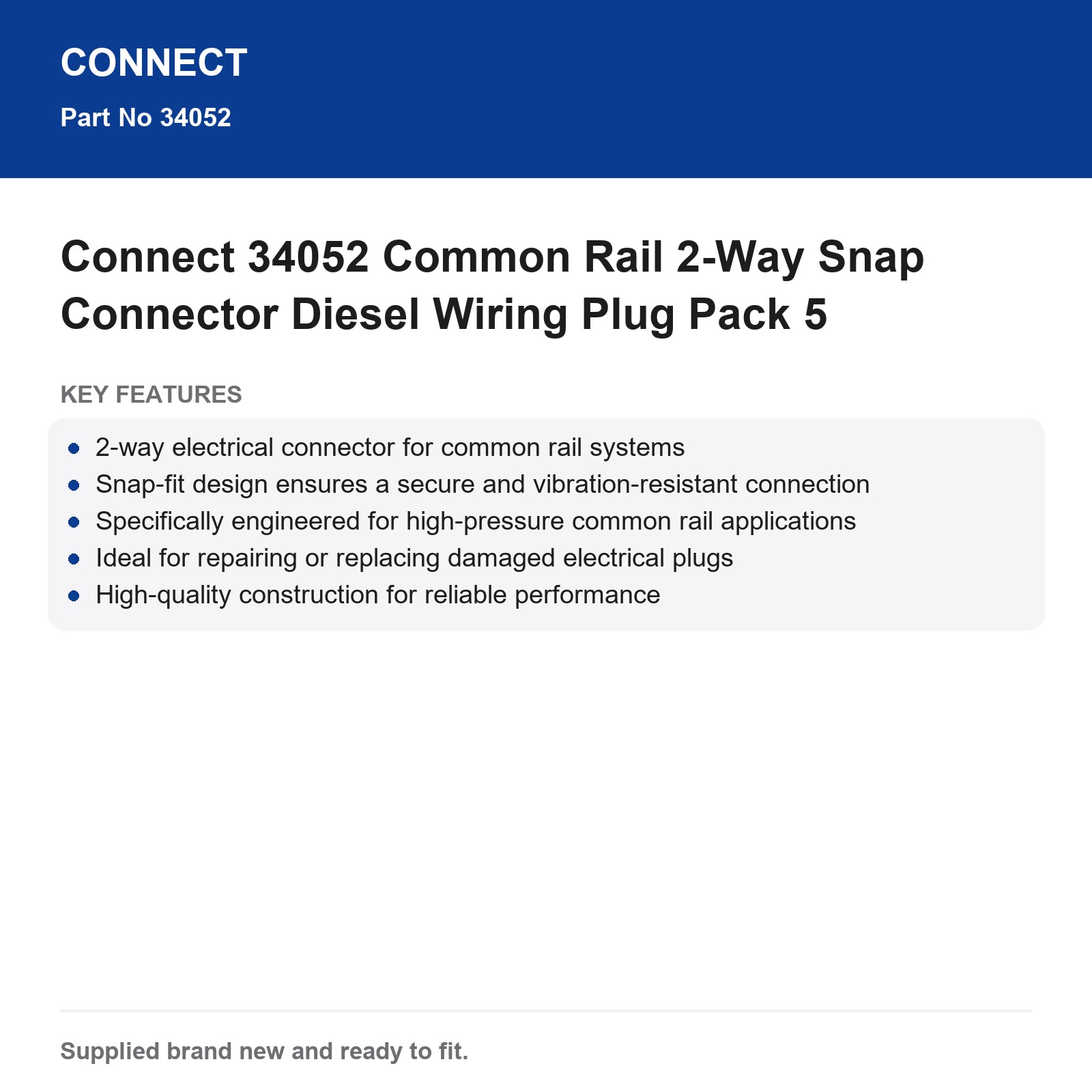 Connect 34052 Common Rail 2-Way Snap Connector Diesel Wiring Plug Pack 5 - Image 3