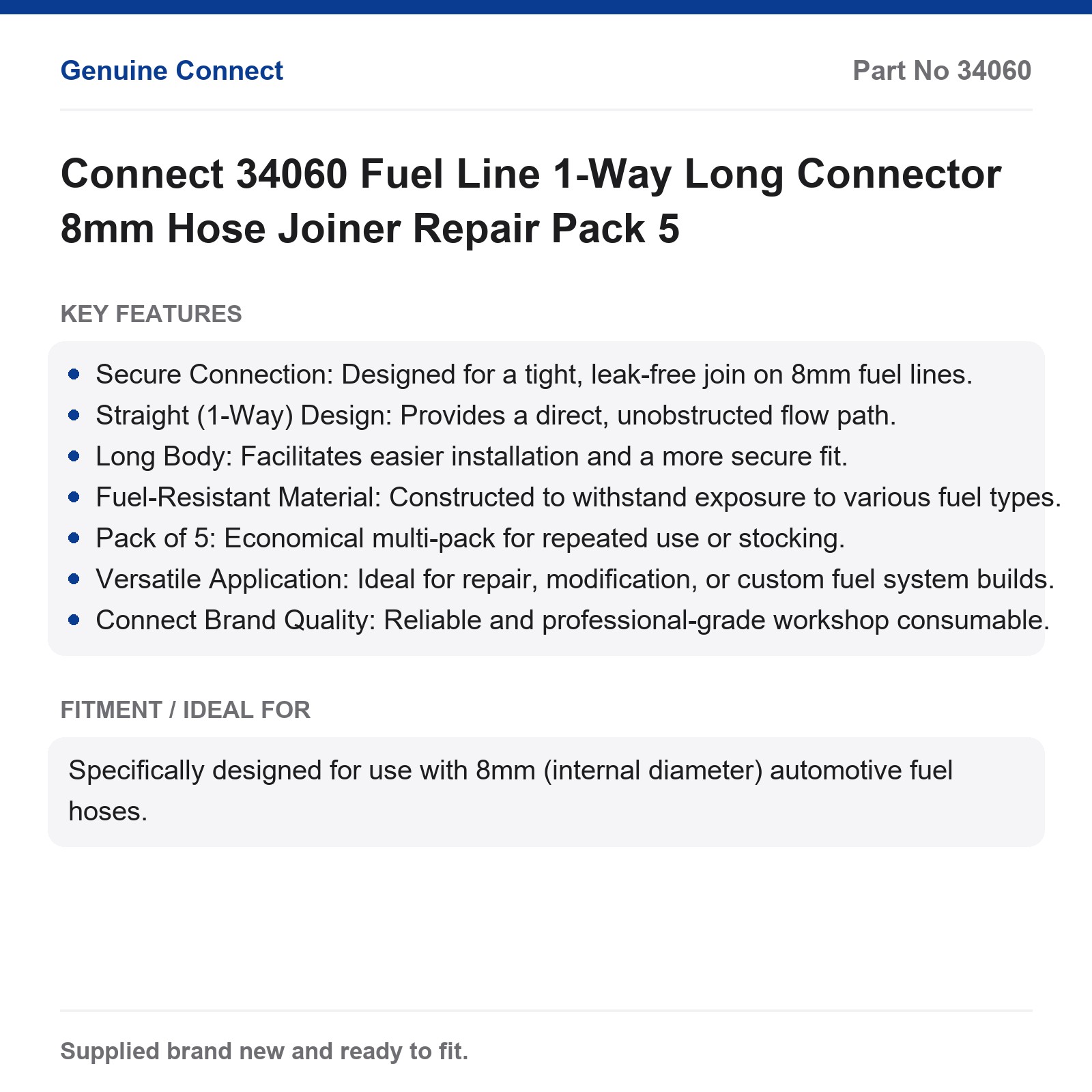 Connect Fuel Line 1 Way Long Connector Hose Repair 5 Pack - Image 2