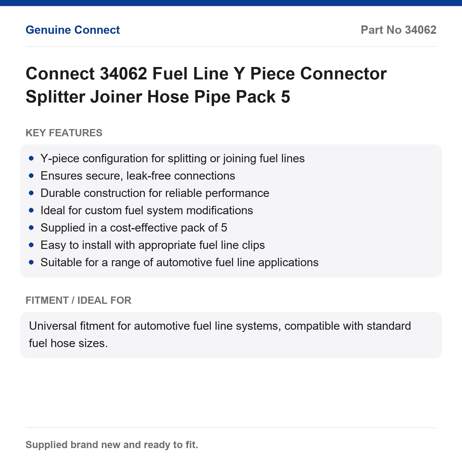 Fuel Line Splitter Y Piece Connector Joiner Hose Pipe Connect 34062 Pack 5 - Image 2