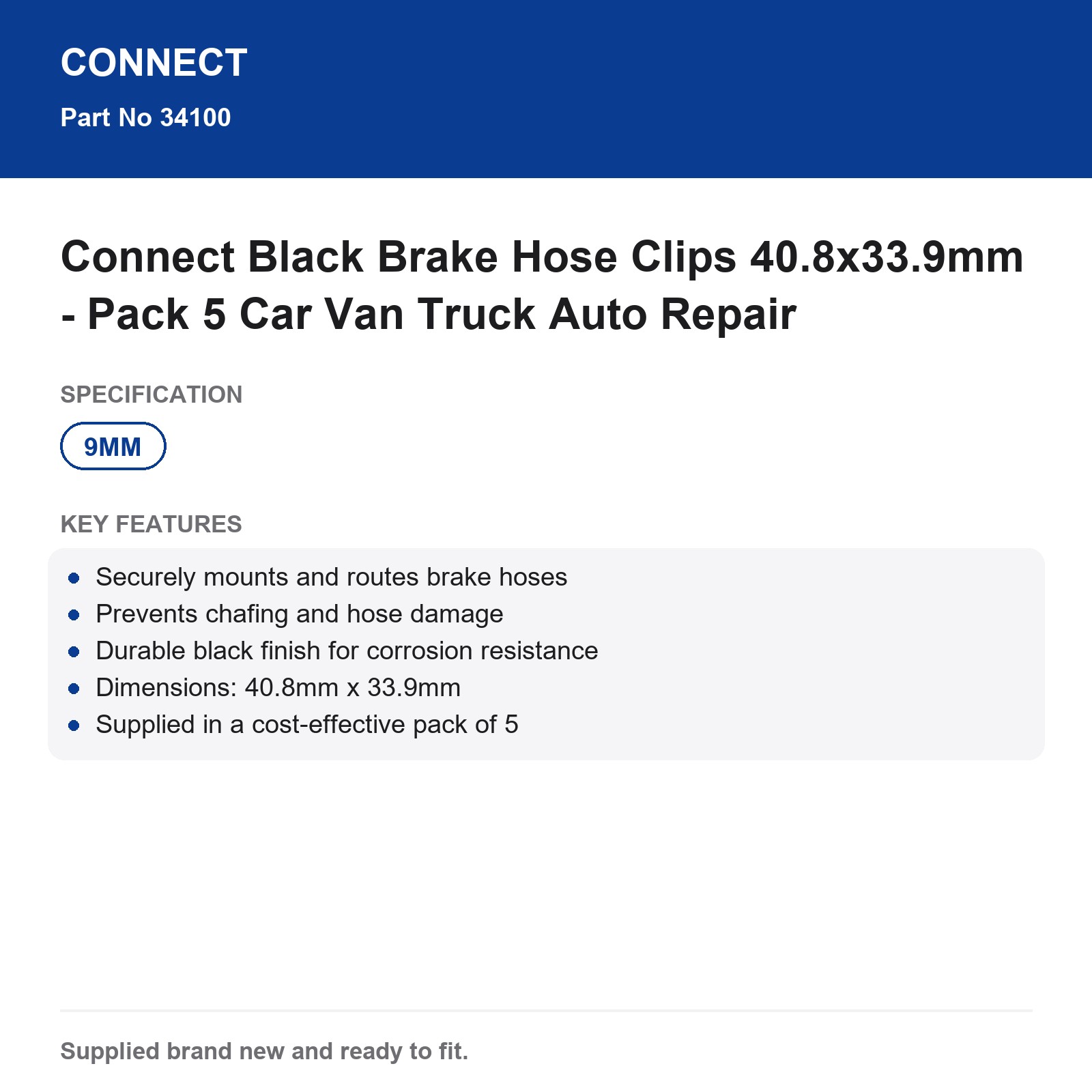 Connect Black Brake Hose Clips 40.8x33.9mm - Pack 5 Car Van Truck Auto Repair - Image 3
