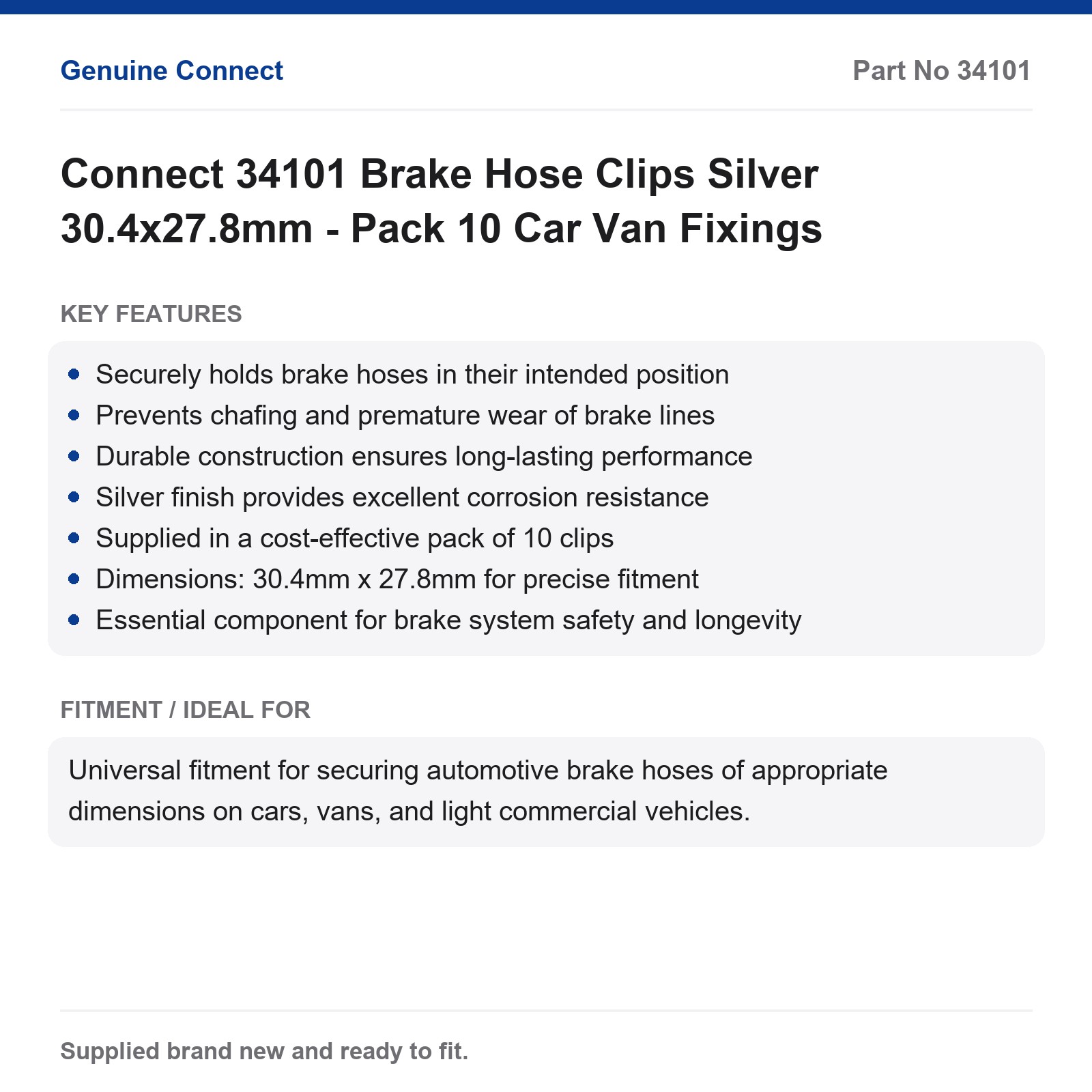 Connect 34101 Brake Hose Clips Silver 30.4x27.8mm - Pack 10 Car Van Fixings - Image 2