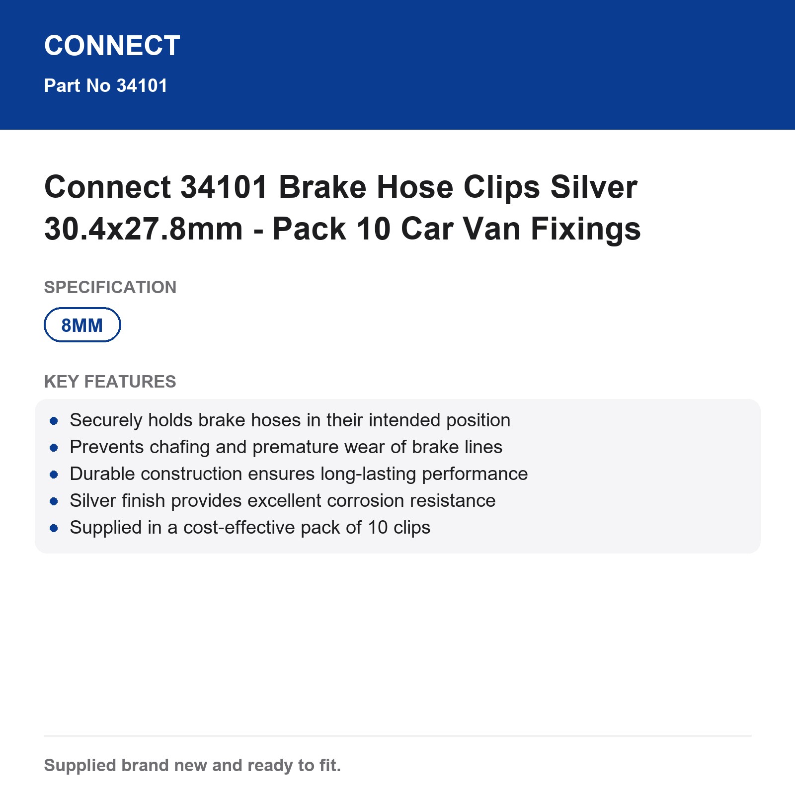 Connect 34101 Brake Hose Clips Silver 30.4x27.8mm - Pack 10 Car Van Fixings - Image 3