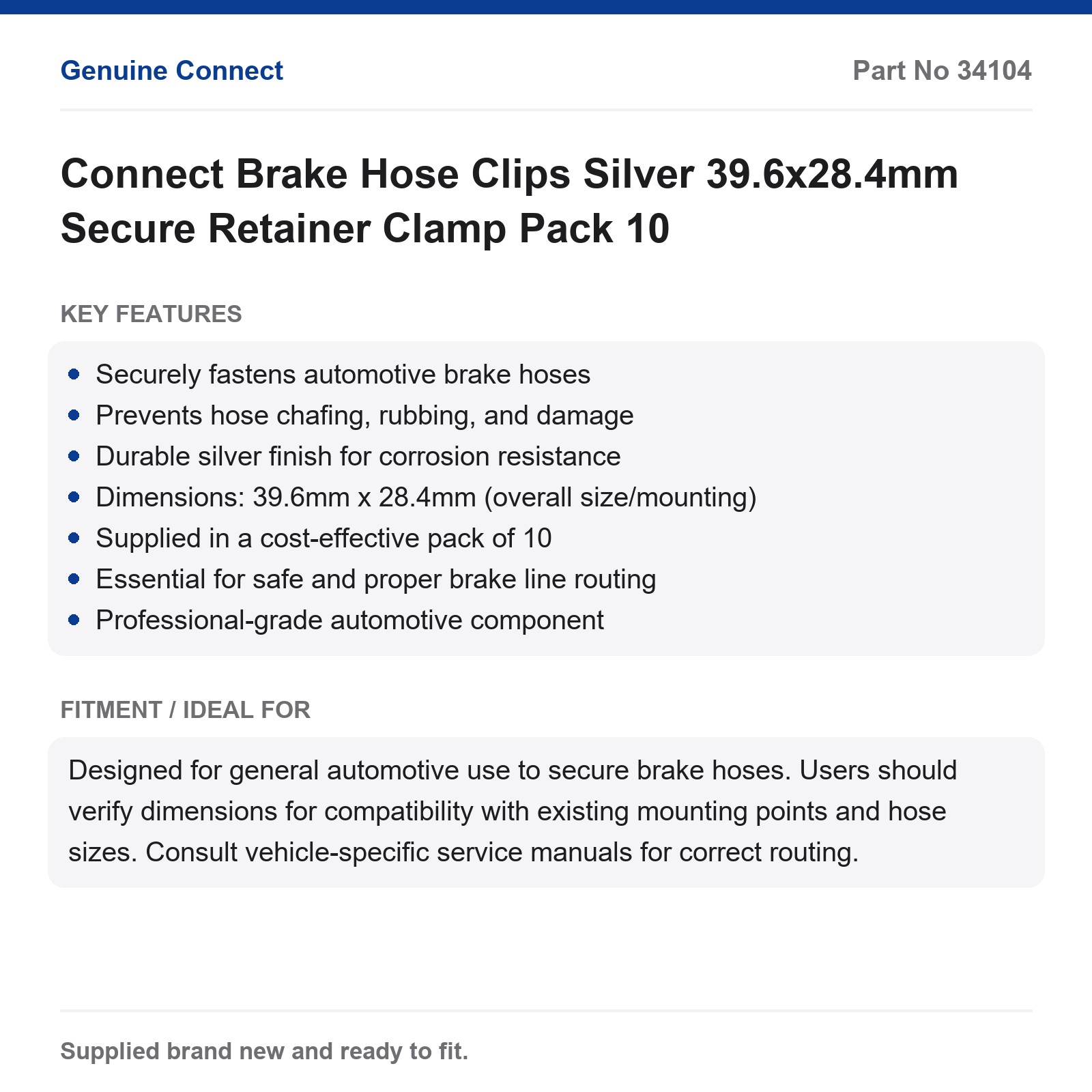 Connect Brake Hose Clips Silver 39.6x28.4mm Retainer Clamp 10 Pack - Image 2