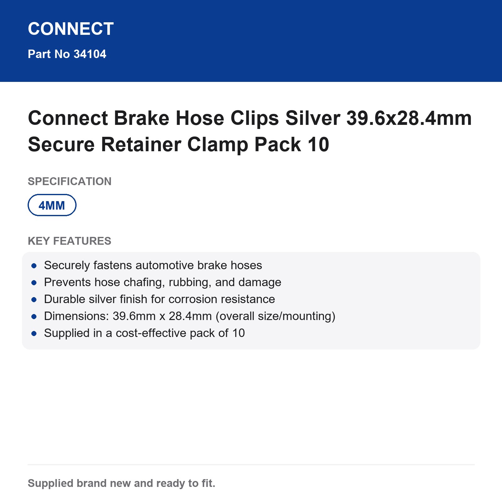 Connect Brake Hose Clips Silver 39.6x28.4mm Retainer Clamp 10 Pack - Image 3