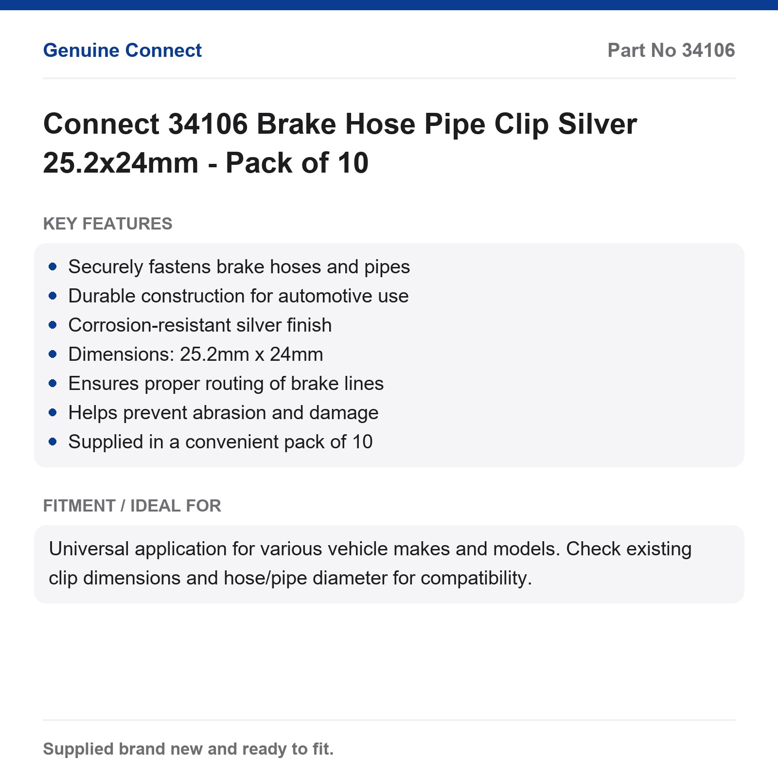 Connect Brake Hose Clips Silver 25.2x24mm Retainer Fastener Pack 10 - Image 3