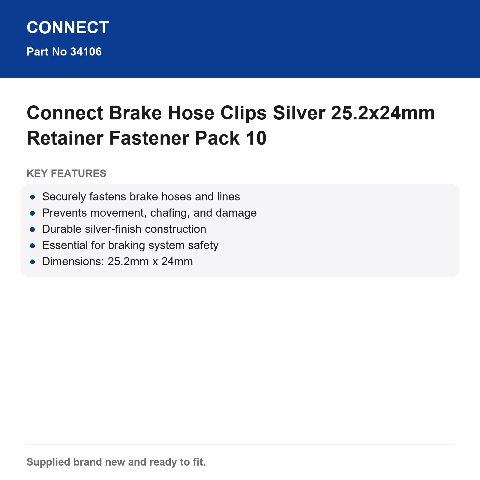 Connect Brake Hose Clips Silver 25.2x24mm Retainer Fastener Pack 10 - Image 4