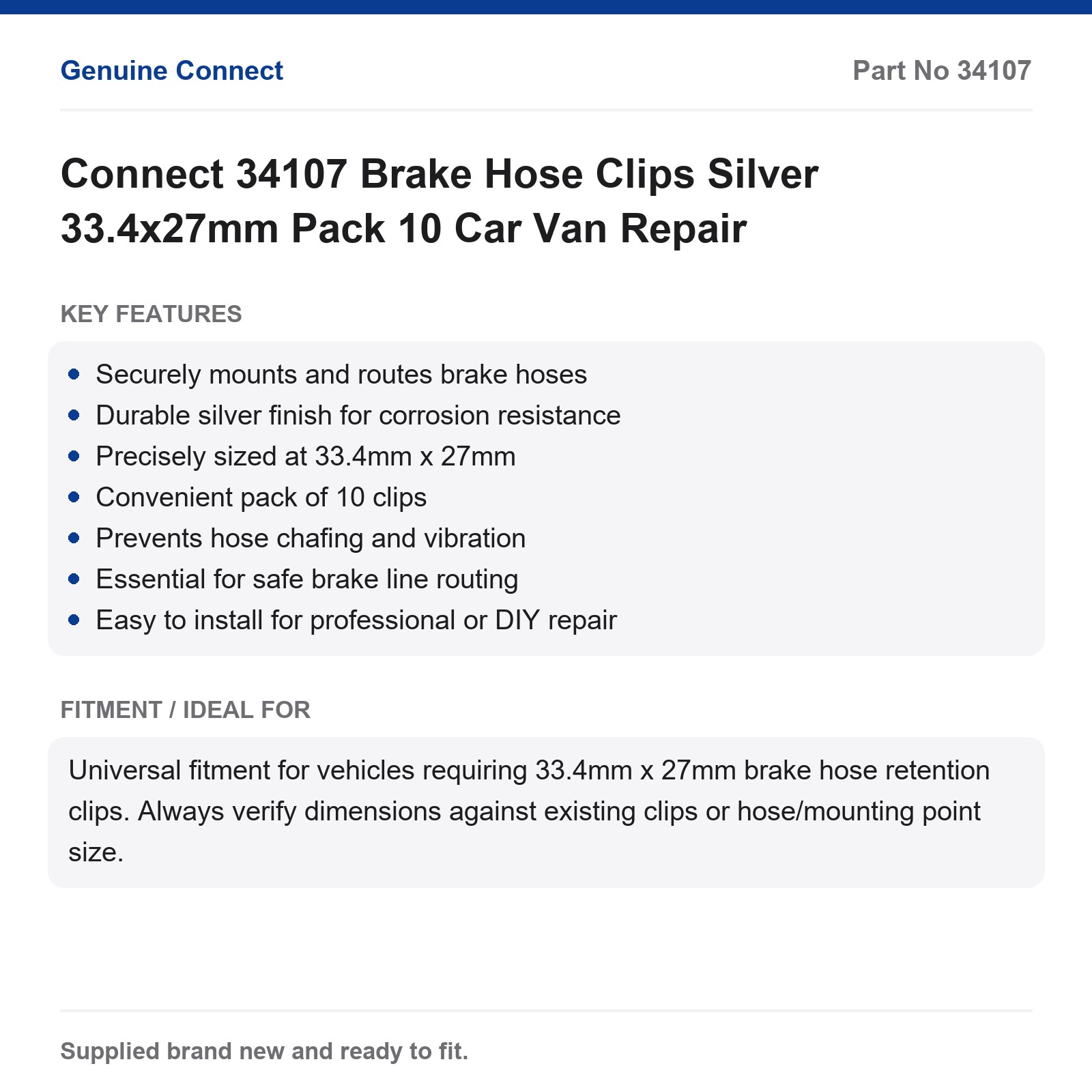Connect 34107 Brake Hose Clips Silver 33.4x27mm Pack 10 Car Van Repair - Image 2