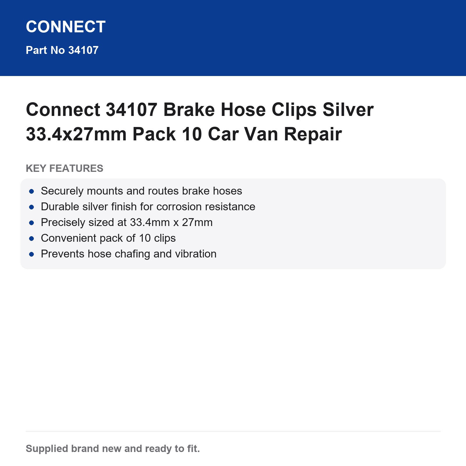 Connect 34107 Brake Hose Clips Silver 33.4x27mm Pack 10 Car Van Repair - Image 3
