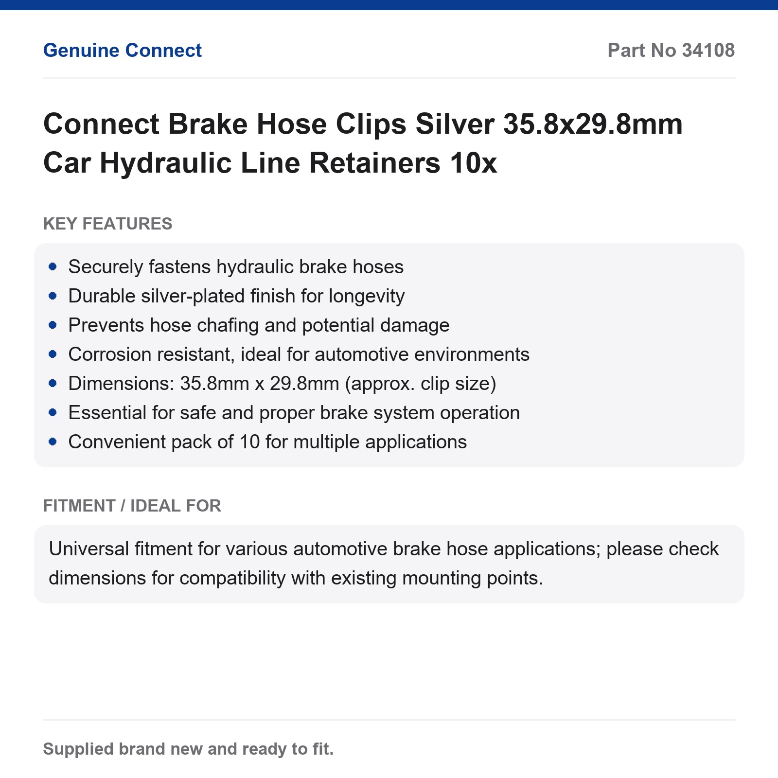 Connect Car Brake Hose Clips Silver 35.8x29.8mm Hydraulic Line Retainers 10x - Image 2