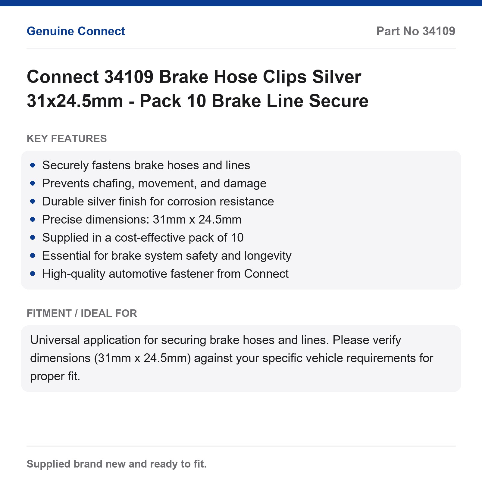 Connect 34109 Silver Brake Hose Clips 31x24.5mm Pack 10 Car Auto Repair - Image 2