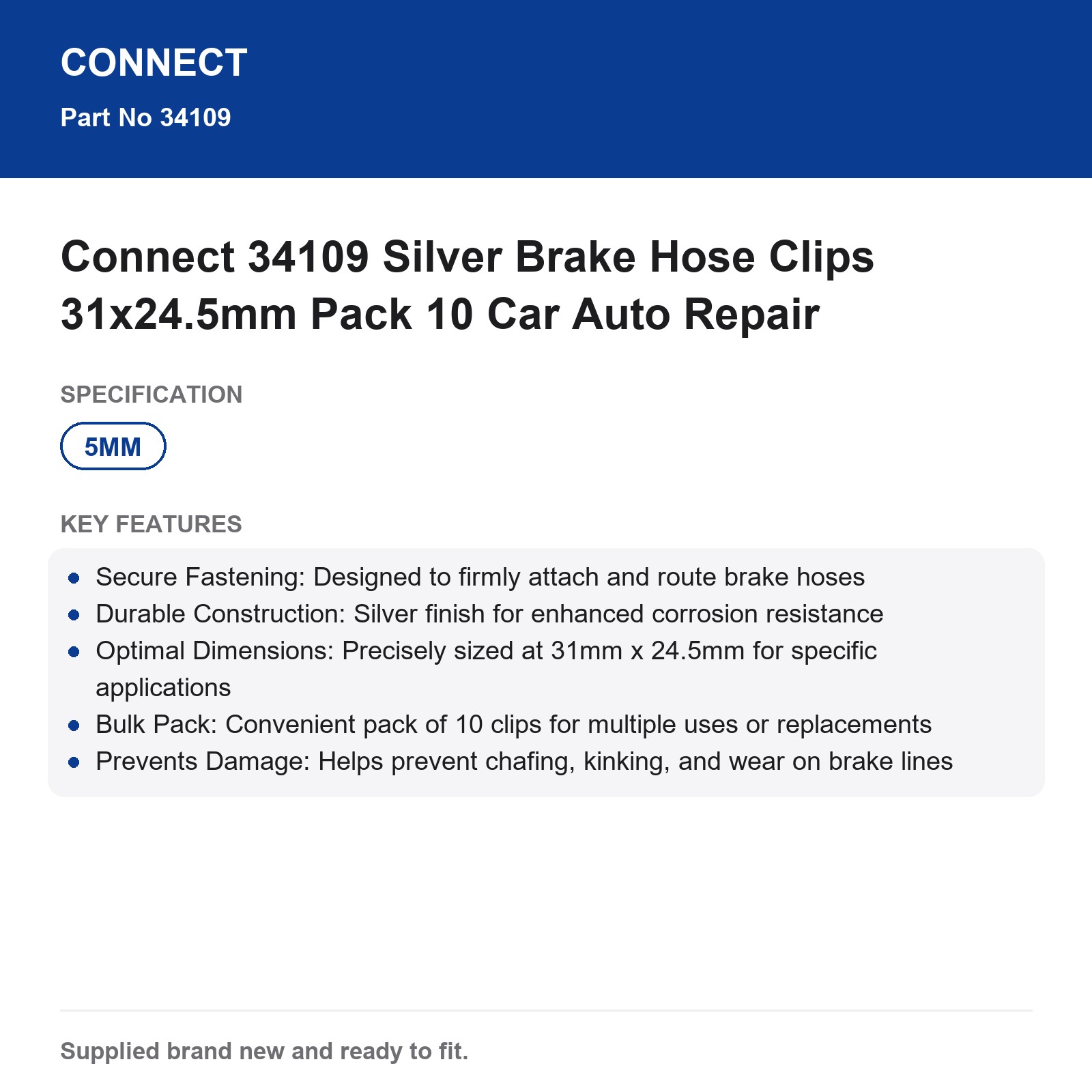 Connect 34109 Silver Brake Hose Clips 31x24.5mm Pack 10 Car Auto Repair - Image 3