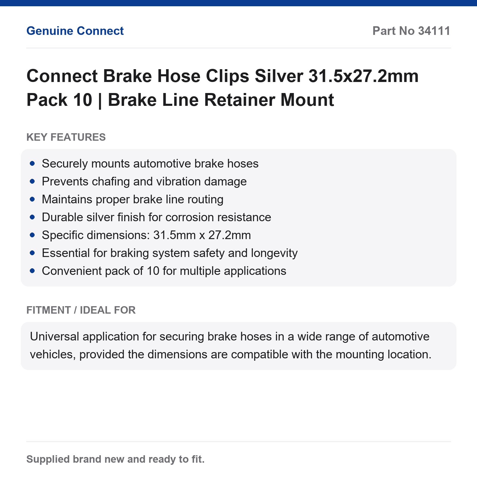 Connect Automotive Brake Hose Clips Silver 31.5x27.2mm Pack 10 - Image 2