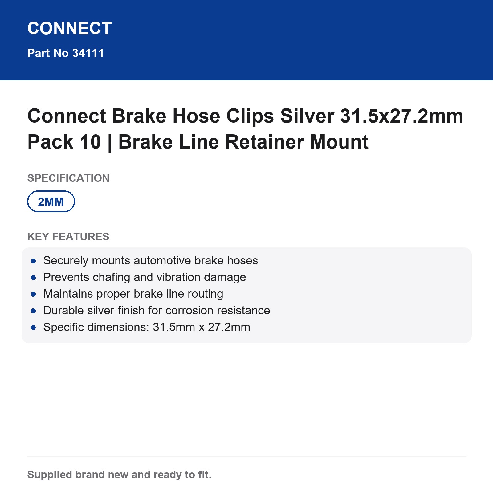 Connect Automotive Brake Hose Clips Silver 31.5x27.2mm Pack 10 - Image 3
