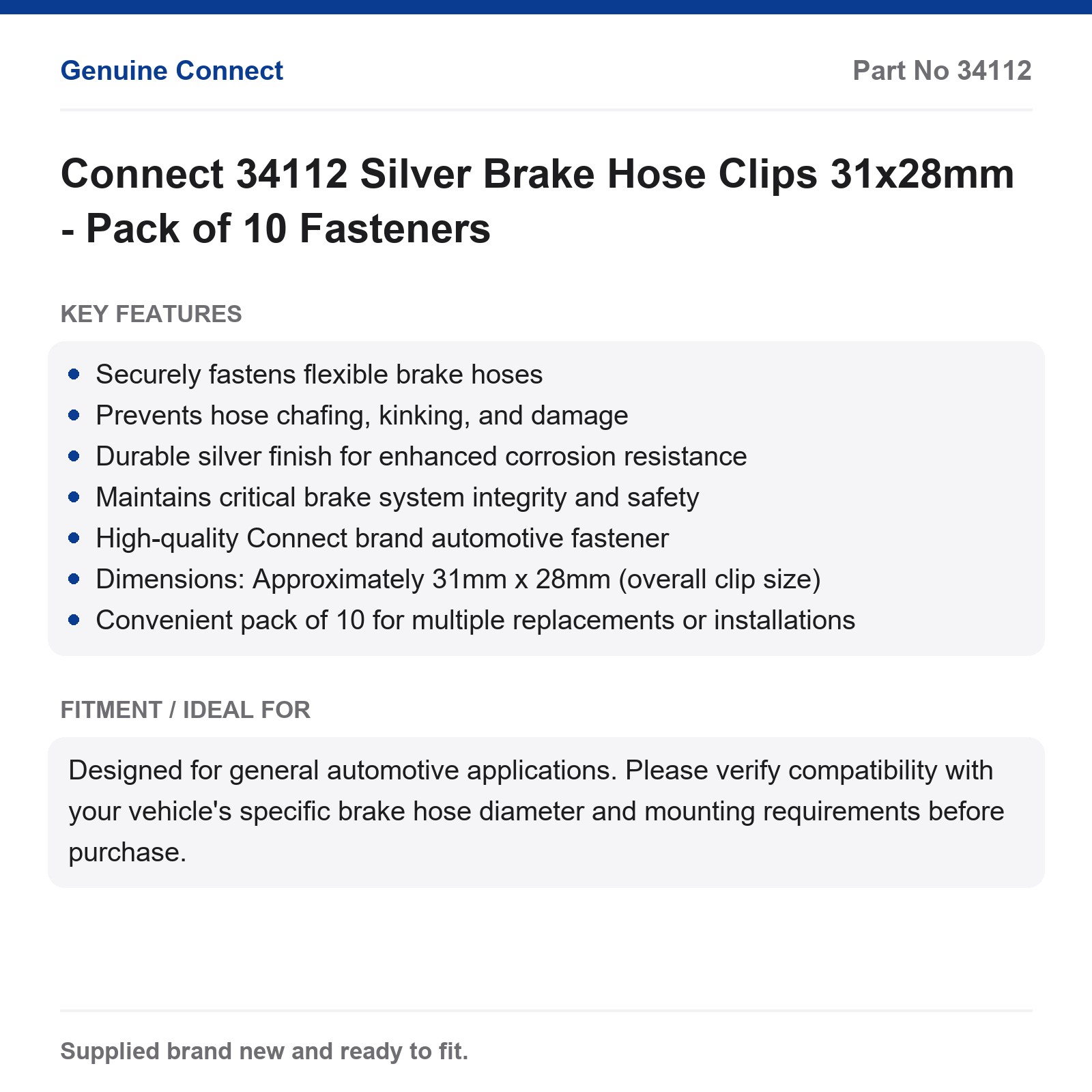 Brake Hose Clips Connect 34112 Silver 31x28mm - Pack of 10 - Image 2