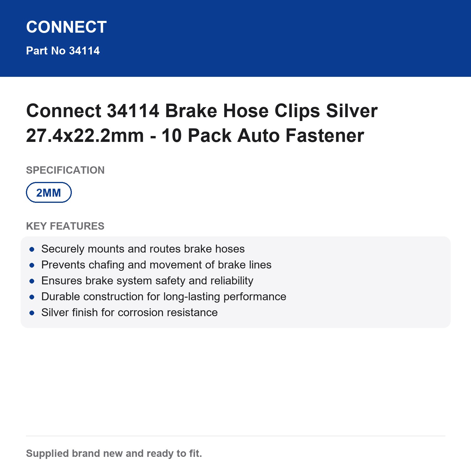 Connect 34114 Brake Hose Clips Silver 27.4x22.2mm 10-Pack - Image 3