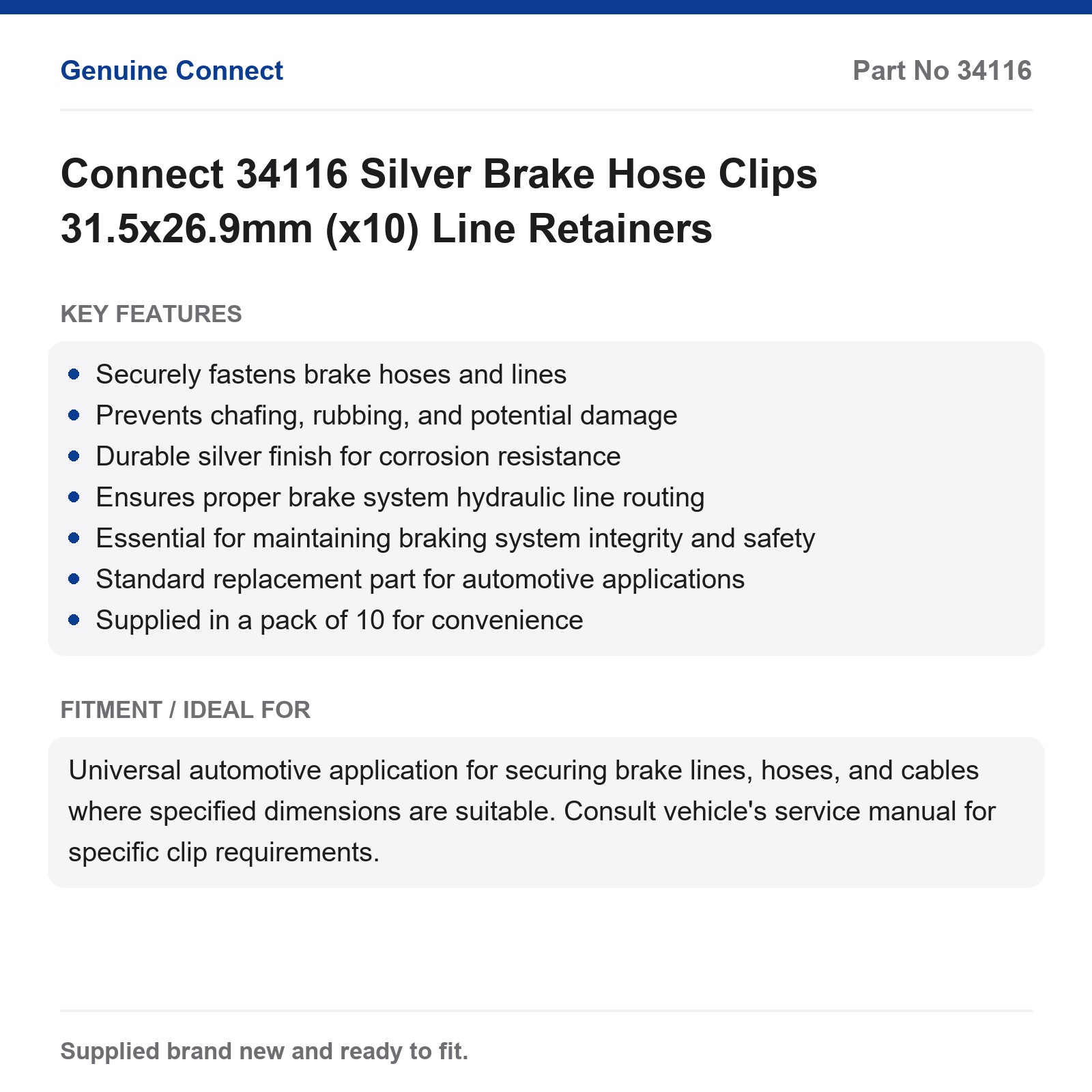 Connect 34116 Silver Brake Hose Clips 31.5x26.9mm (x10) Line Retainers - Image 2