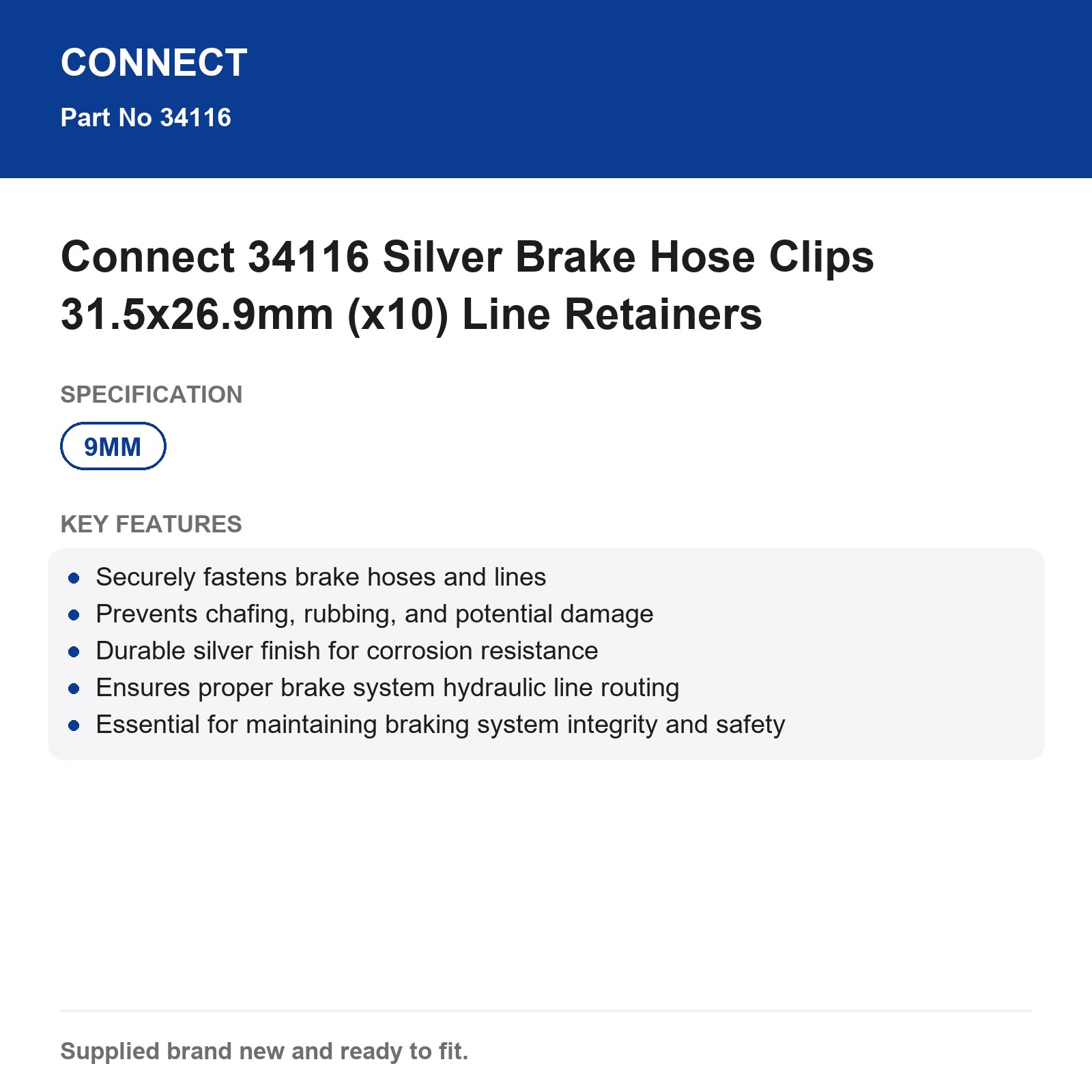 Connect 34116 Silver Brake Hose Clips 31.5x26.9mm (x10) Line Retainers - Image 3