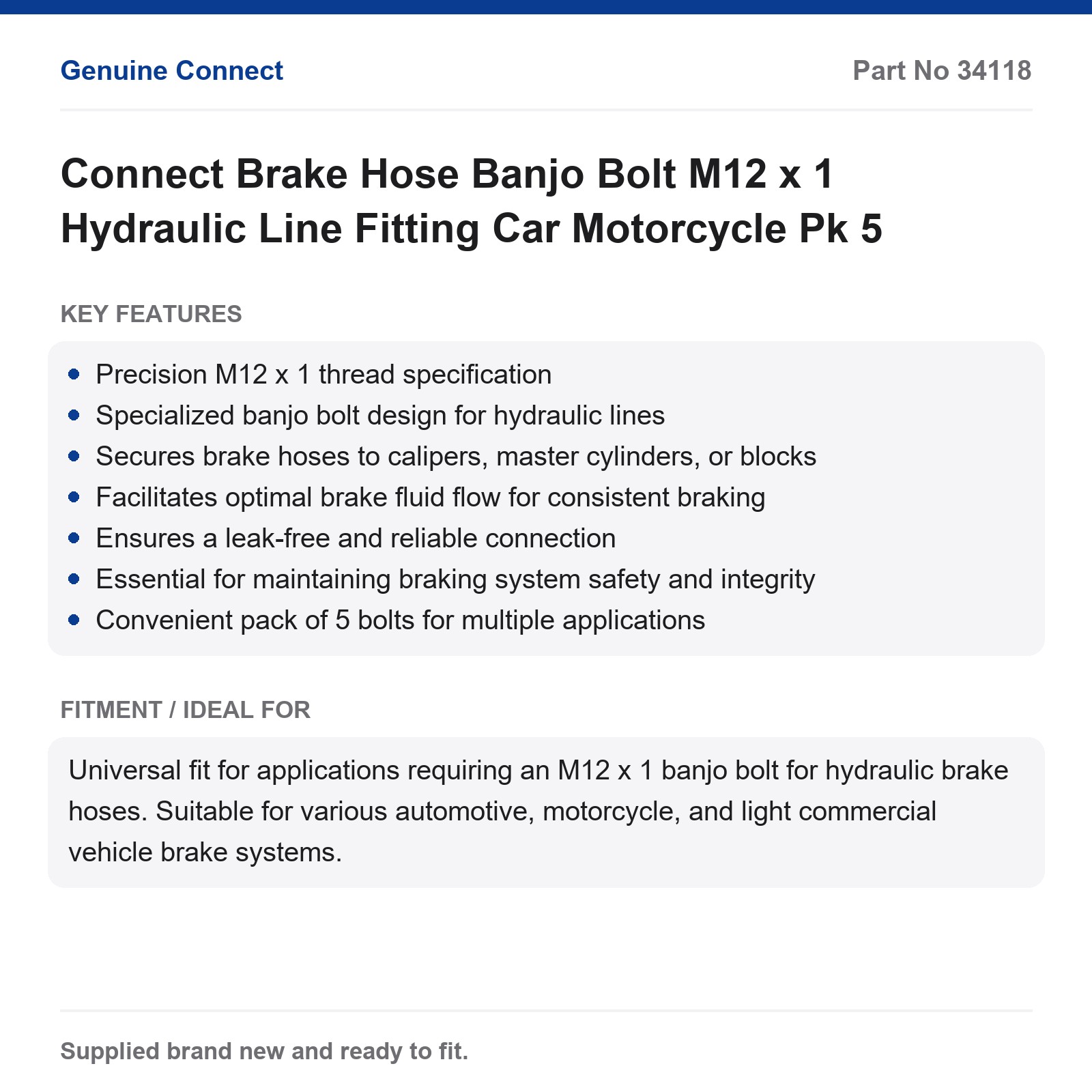Connect Brake Hose Banjo Bolt M12 x 1 Hydraulic Line Fitting Car Motorcycle Pk 5 - Image 2