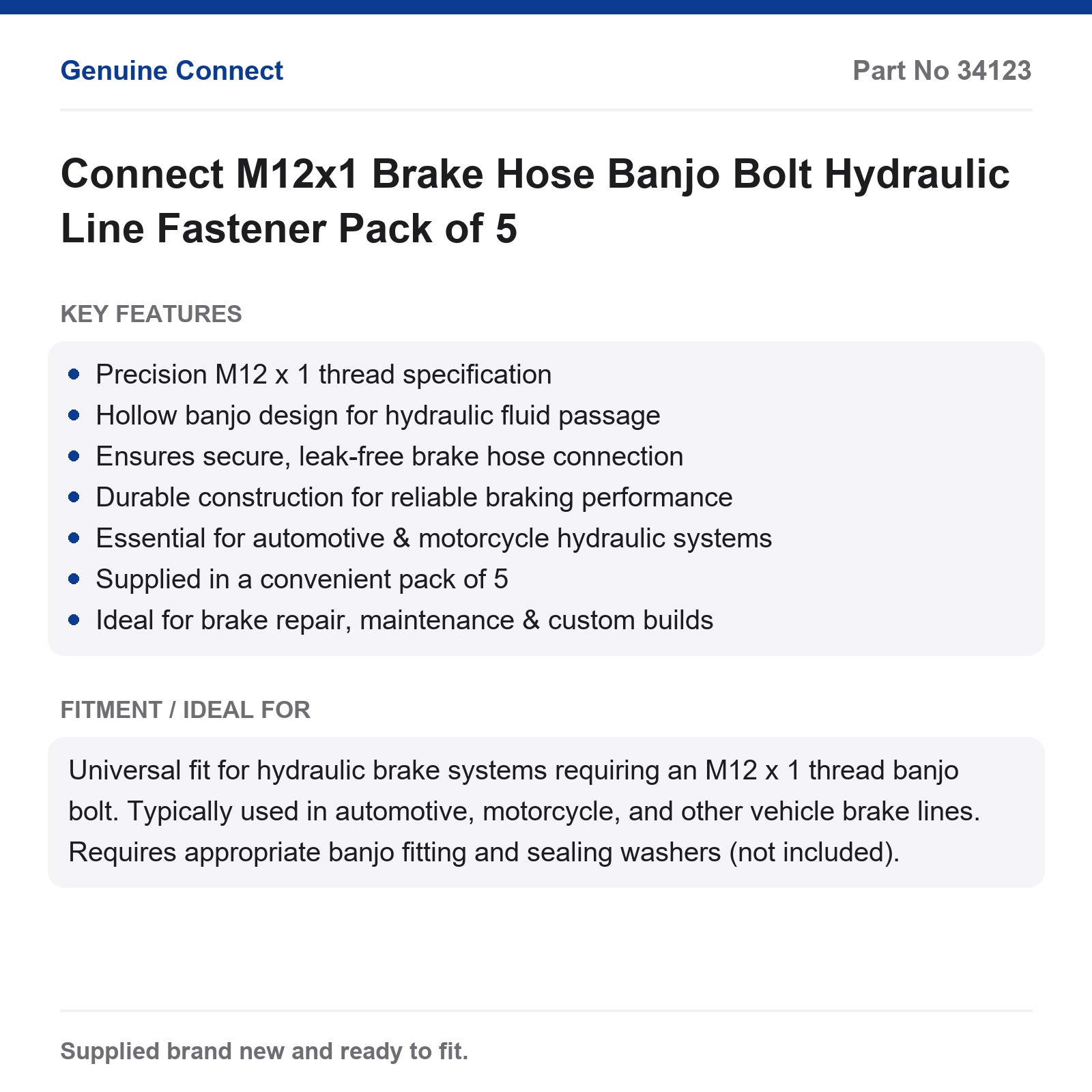 M12x1 Brake Hose Banjo Bolt Pack of 5 Connect Hydraulic Fastener - Image 2