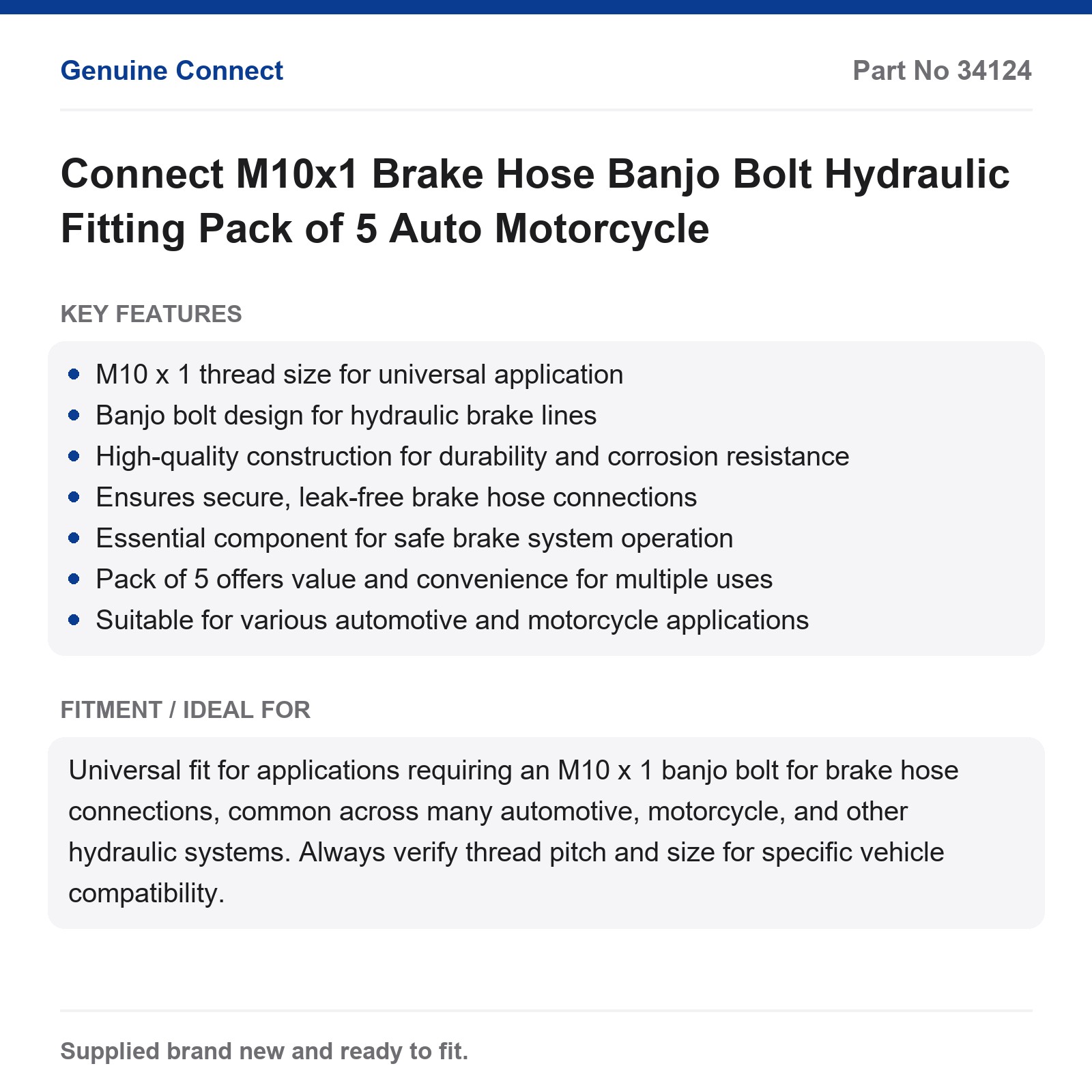 Connect M10x1 Brake Hose Banjo Bolt Hydraulic Fitting Pack of 5 Auto Motorcycle - Image 2