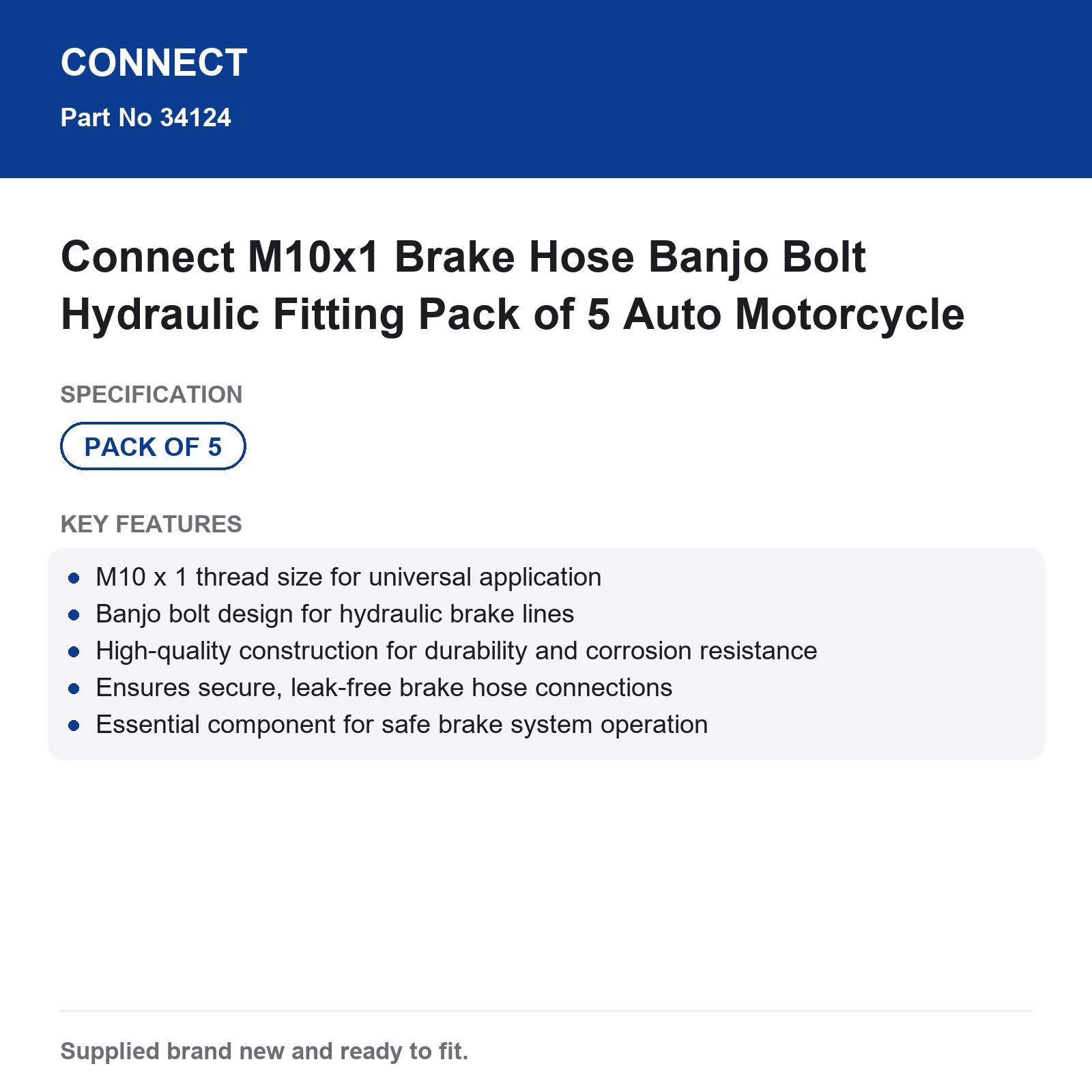 Connect M10x1 Brake Hose Banjo Bolt Hydraulic Fitting Pack of 5 Auto Motorcycle - Image 3