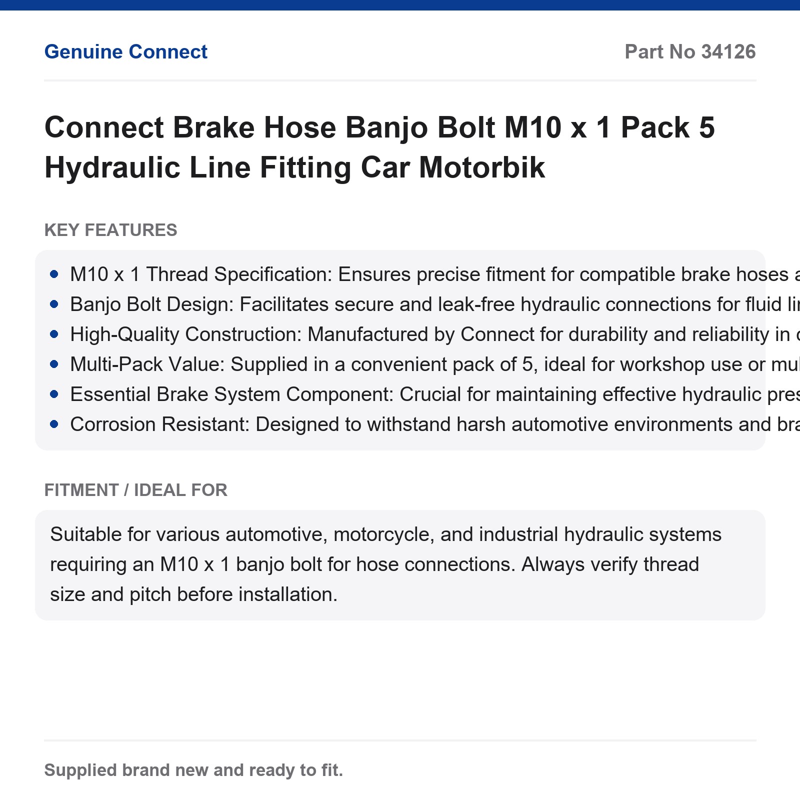 Connect M10 x 1 Brake Hose Banjo Bolt 5-Pack Car Motorbike Fitting - Image 2