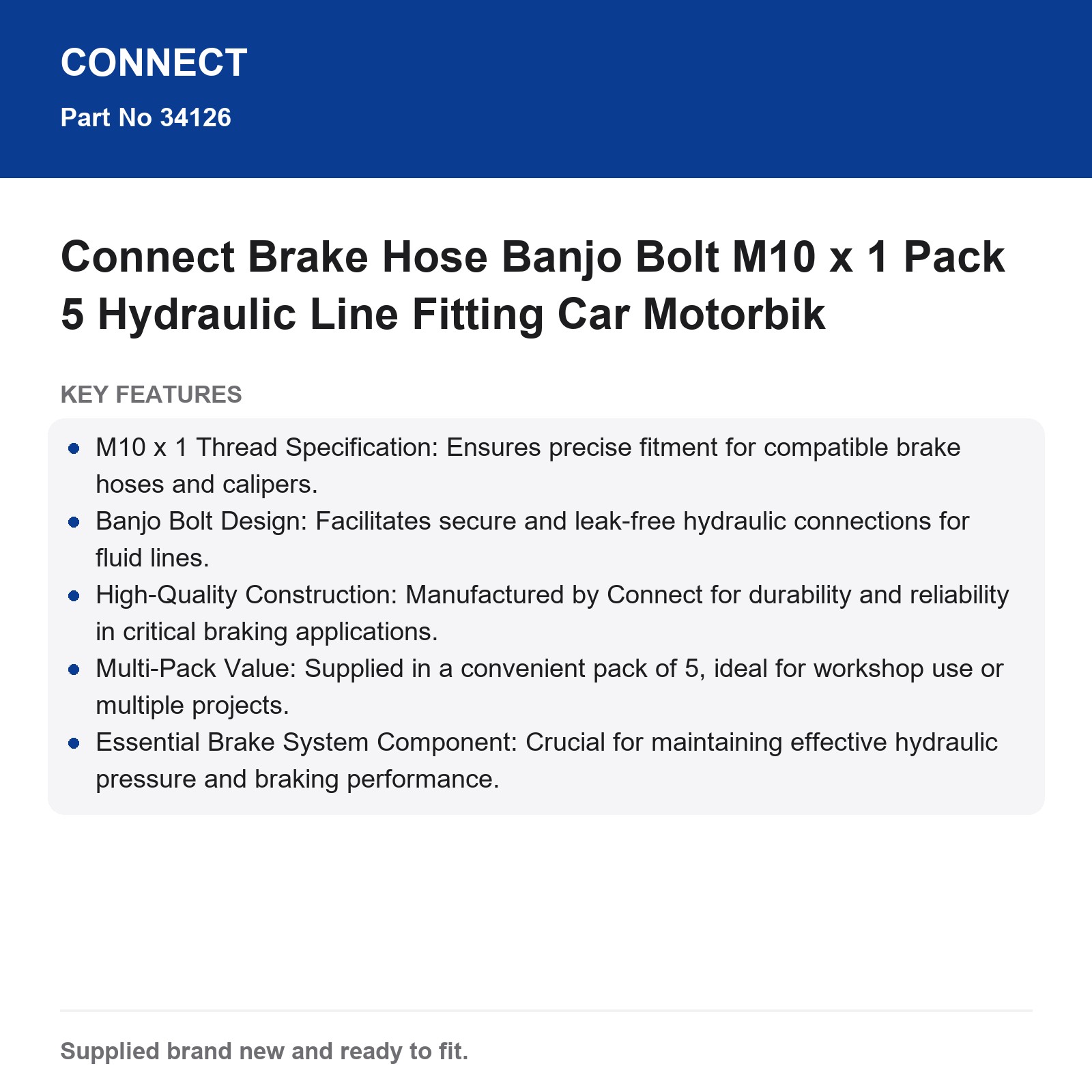 Connect M10 x 1 Brake Hose Banjo Bolt 5-Pack Car Motorbike Fitting - Image 3