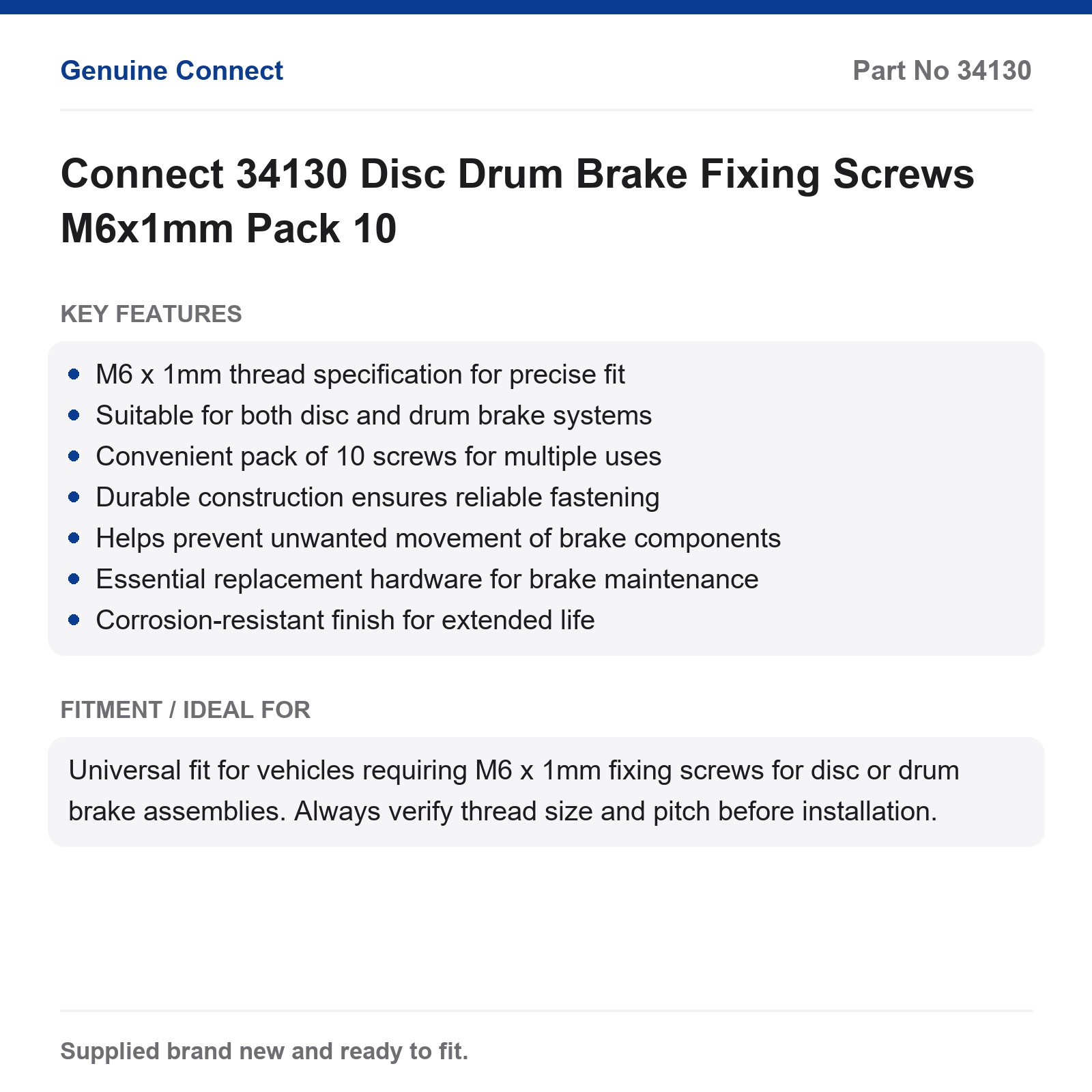 Connect 34130 M6x1mm Disc Drum Brake Fixing Screws Pack 10 - Image 2
