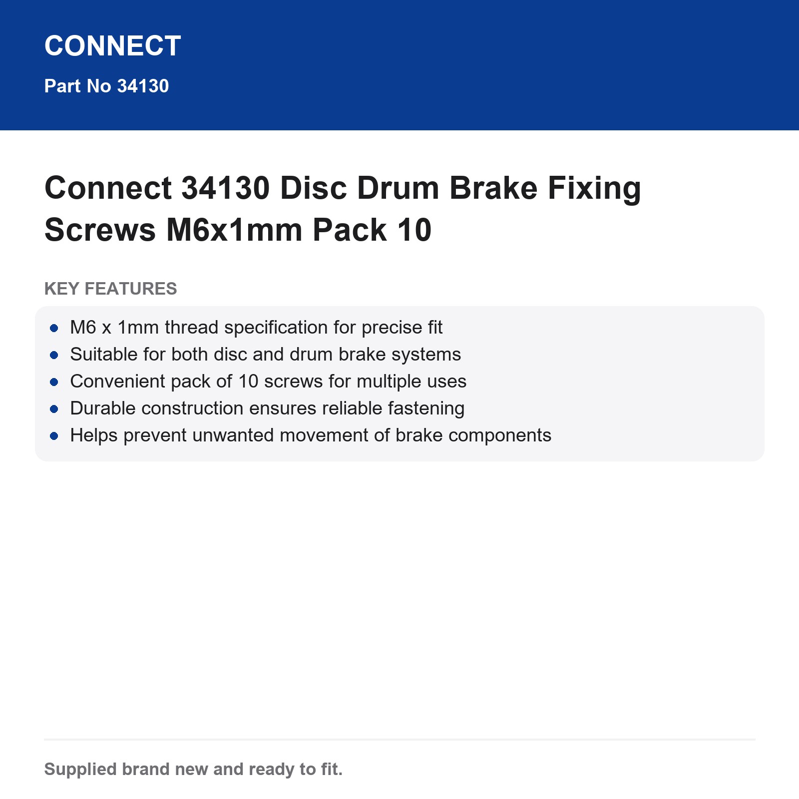 Connect 34130 M6x1mm Disc Drum Brake Fixing Screws Pack 10 - Image 3