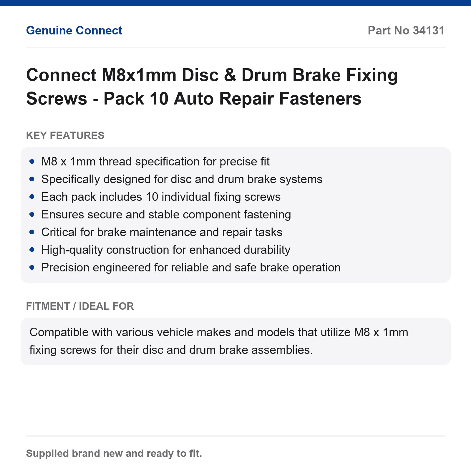 M8x1mm Disc Drum Brake Fixing Screws - Connect Pack 10 Fasteners - Image 2