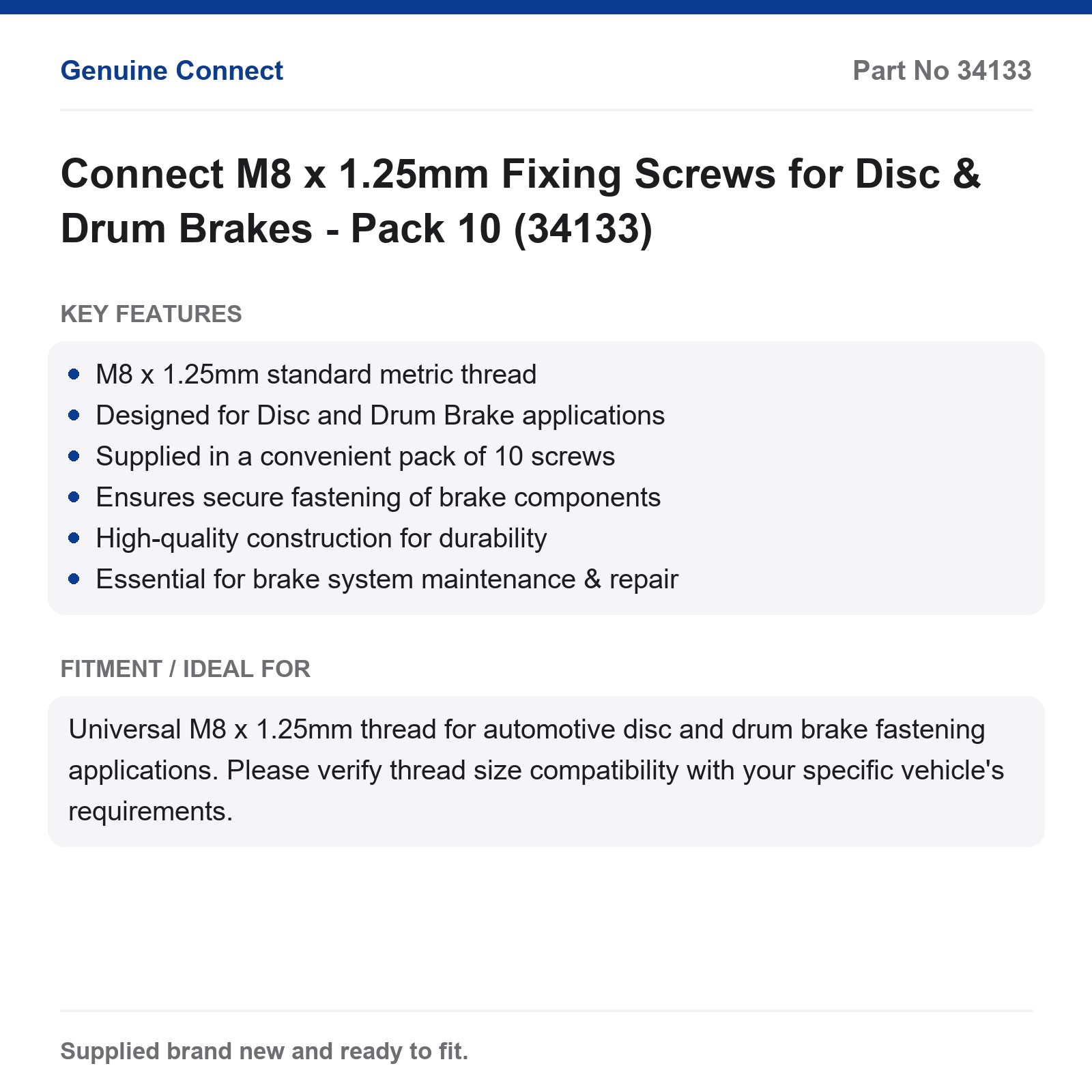 M8 x 1.25mm Brake Fixing Screws Disc Drum Connect Pack 10 (34133) - Image 2