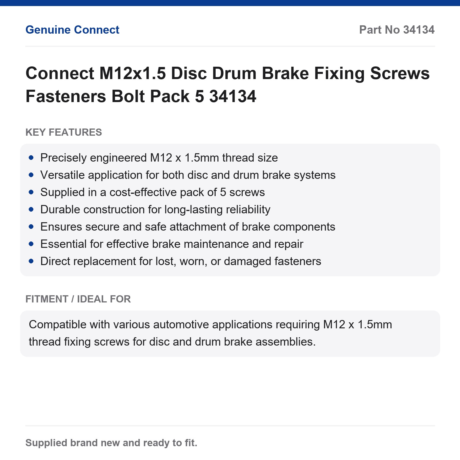 Connect M12x1.5 Disc Drum Brake Fixing Screws Pack 5 34134 - Image 2