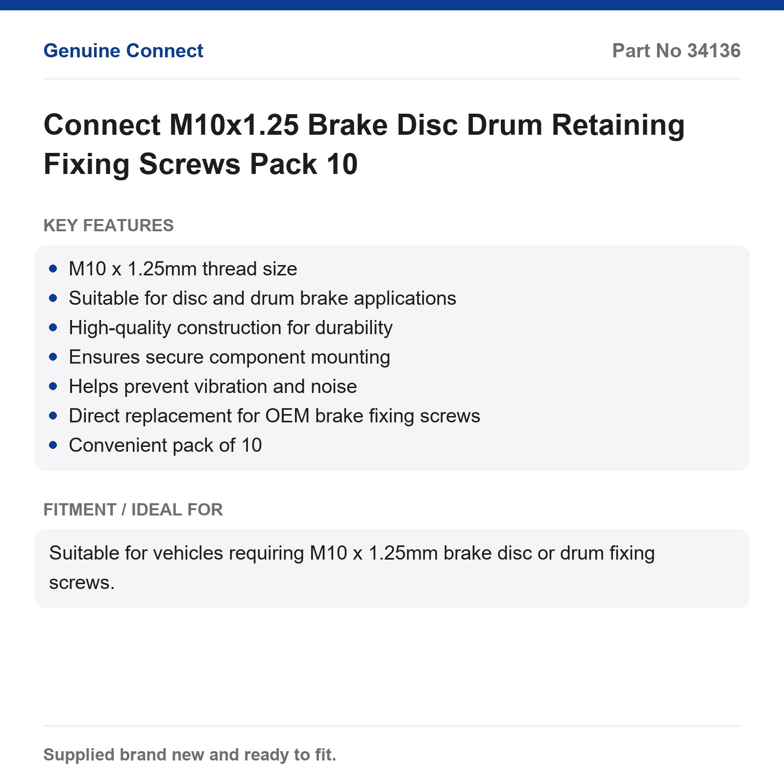 Connect M10x1.25 Brake Disc Drum Fixing Screws Pack 10 - Image 2