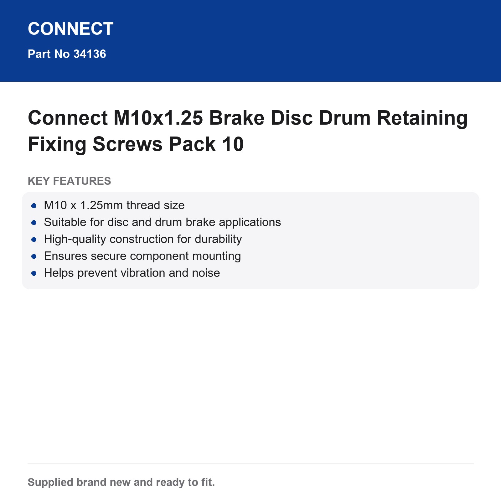 Connect M10x1.25 Brake Disc Drum Fixing Screws Pack 10 - Image 3