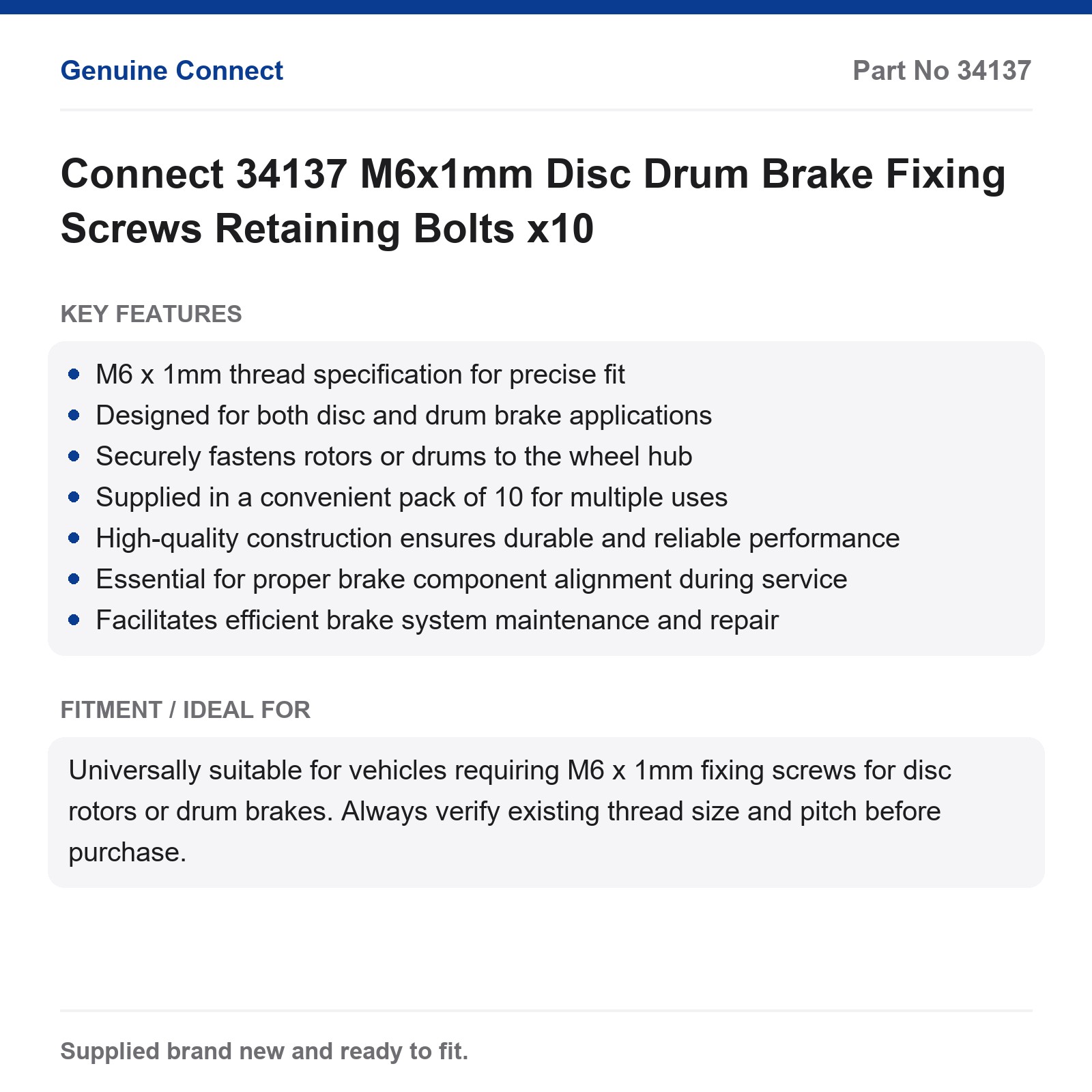 Connect 34137 M6x1mm Disc Drum Brake Screws Bolts x10 - Image 2