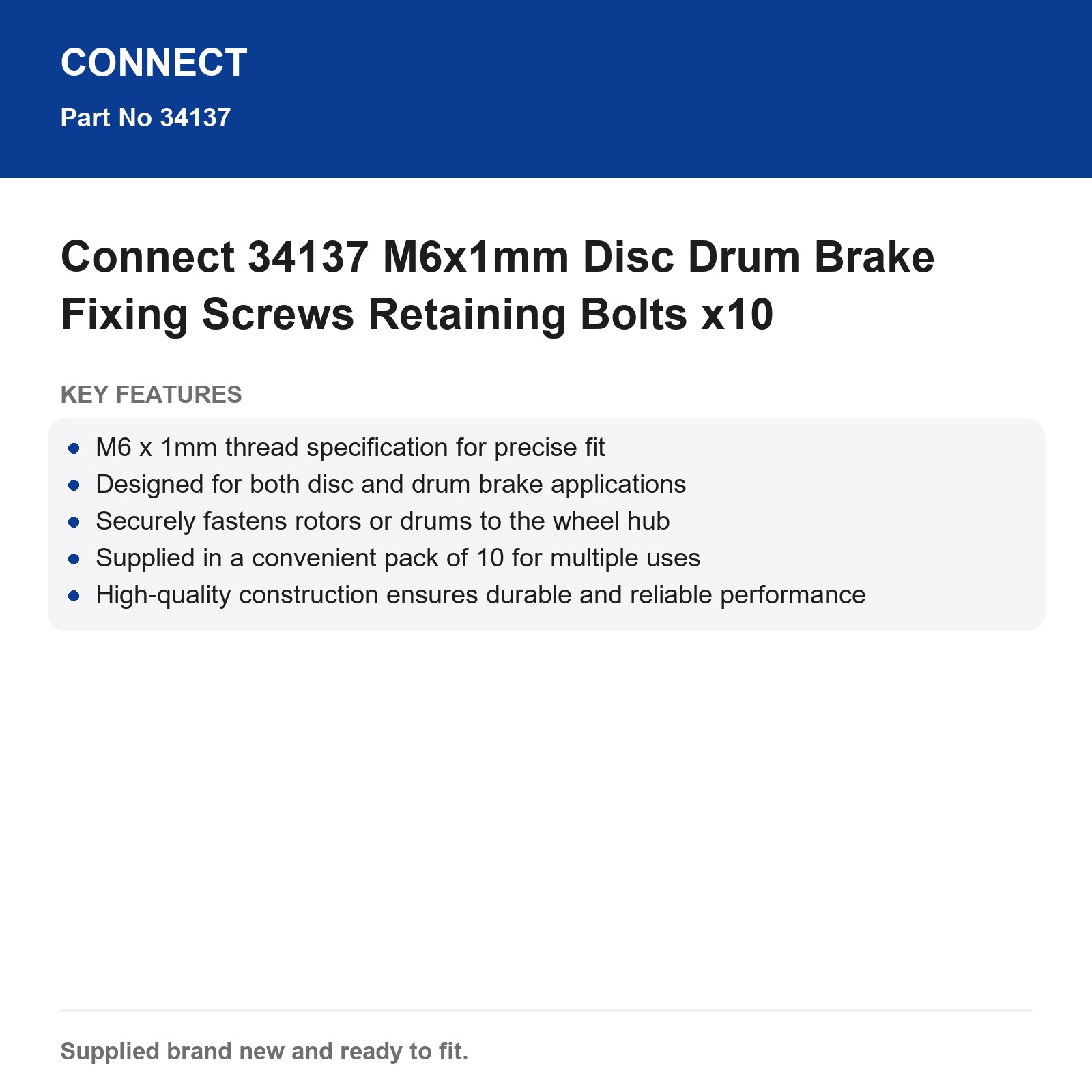 Connect 34137 M6x1mm Disc Drum Brake Screws Bolts x10 - Image 3