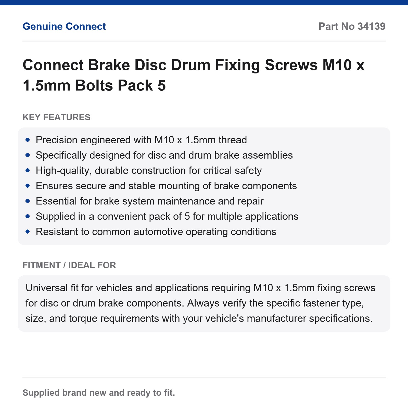 Connect Brake Disc Drum Screws M10x1.5mm Bolts Pack 5 - Image 2
