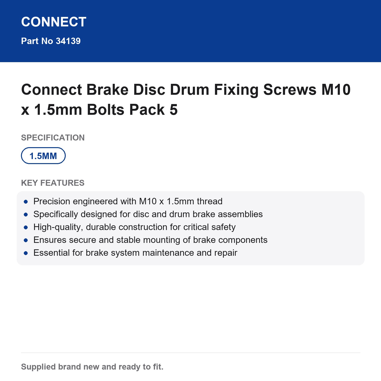 Connect Brake Disc Drum Screws M10x1.5mm Bolts Pack 5 - Image 3