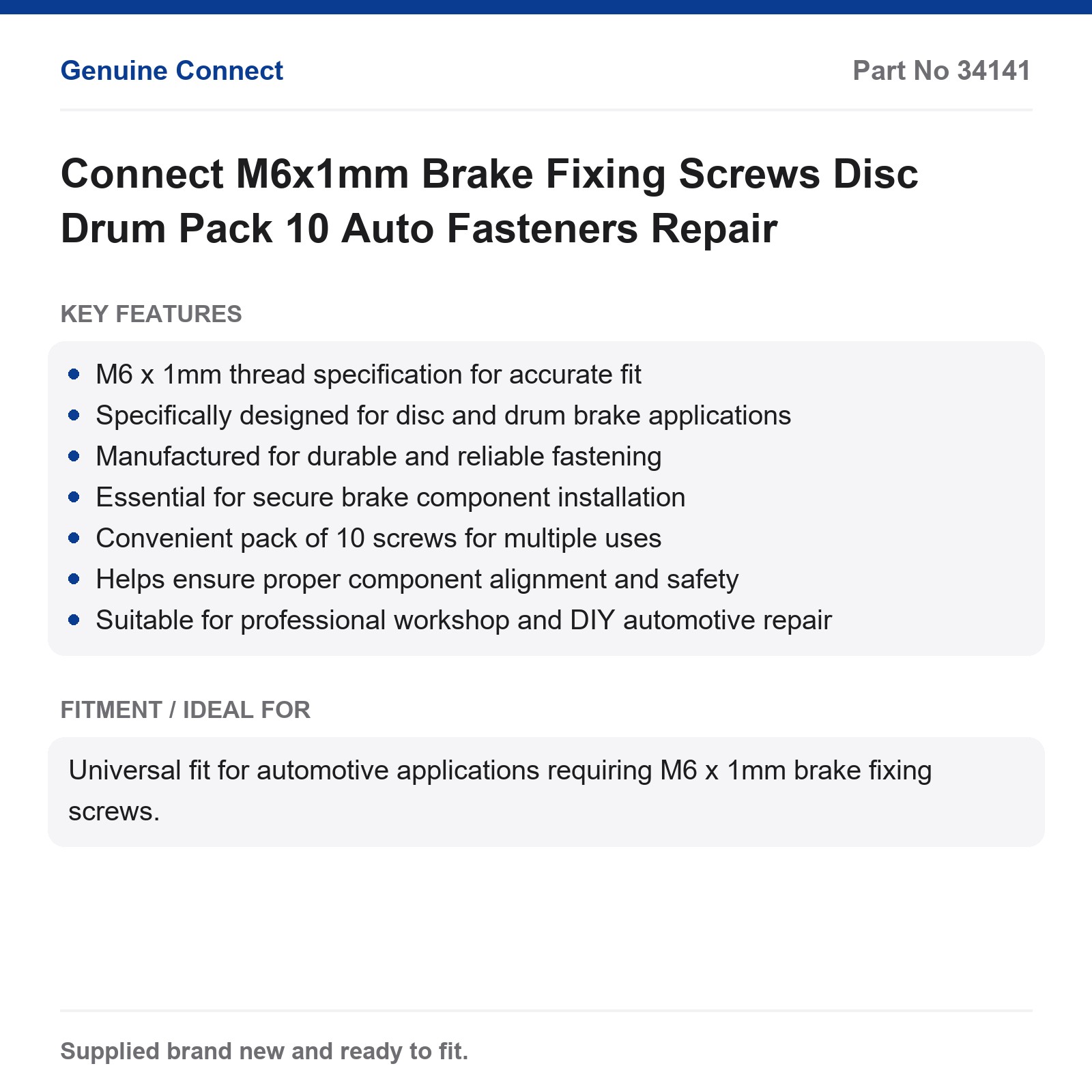 Connect M6x1mm Brake Fixing Screws Disc Drum Pack 10 Auto Fasteners Repair - Image 2