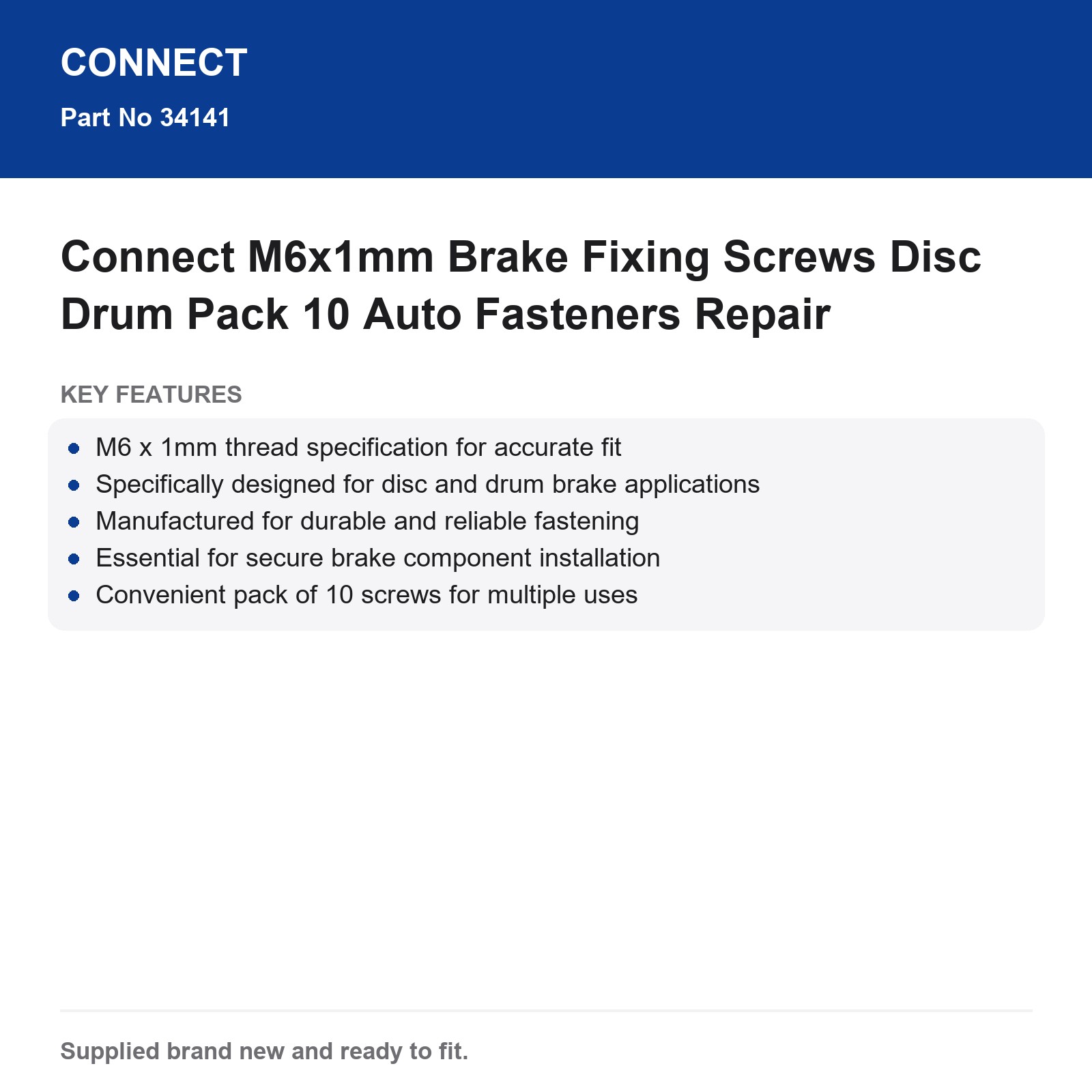 Connect M6x1mm Brake Fixing Screws Disc Drum Pack 10 Auto Fasteners Repair - Image 3