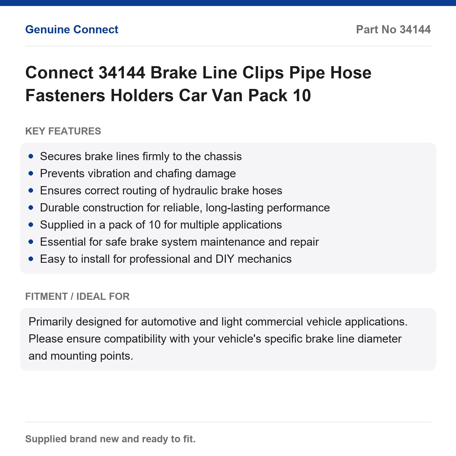Connect 34144 Brake Line Clips Pipe Hose Fasteners Holders Car Van Pack 10 - Image 2