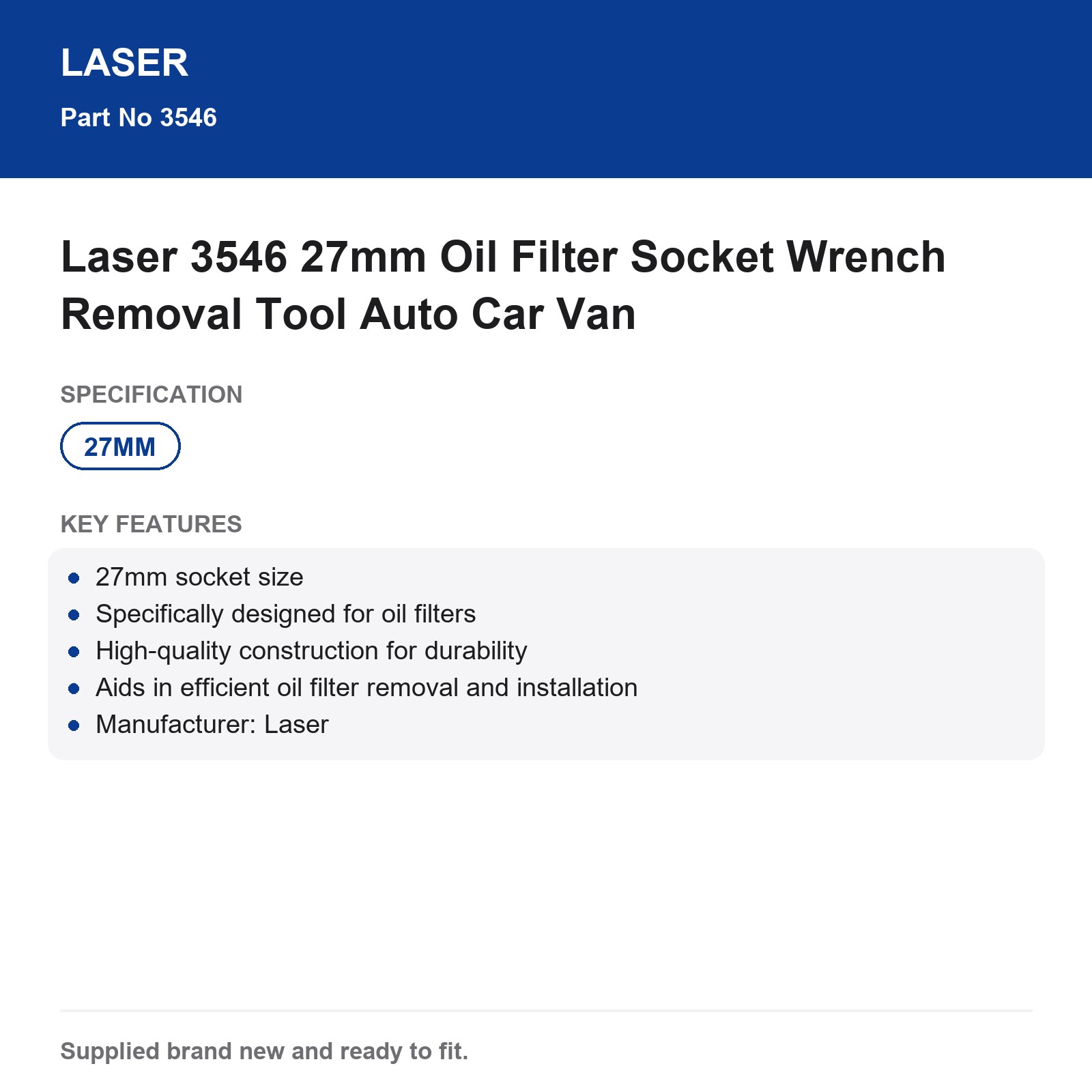 27mm Oil Filter Socket Wrench Removal Tool Laser 3546 - Image 3