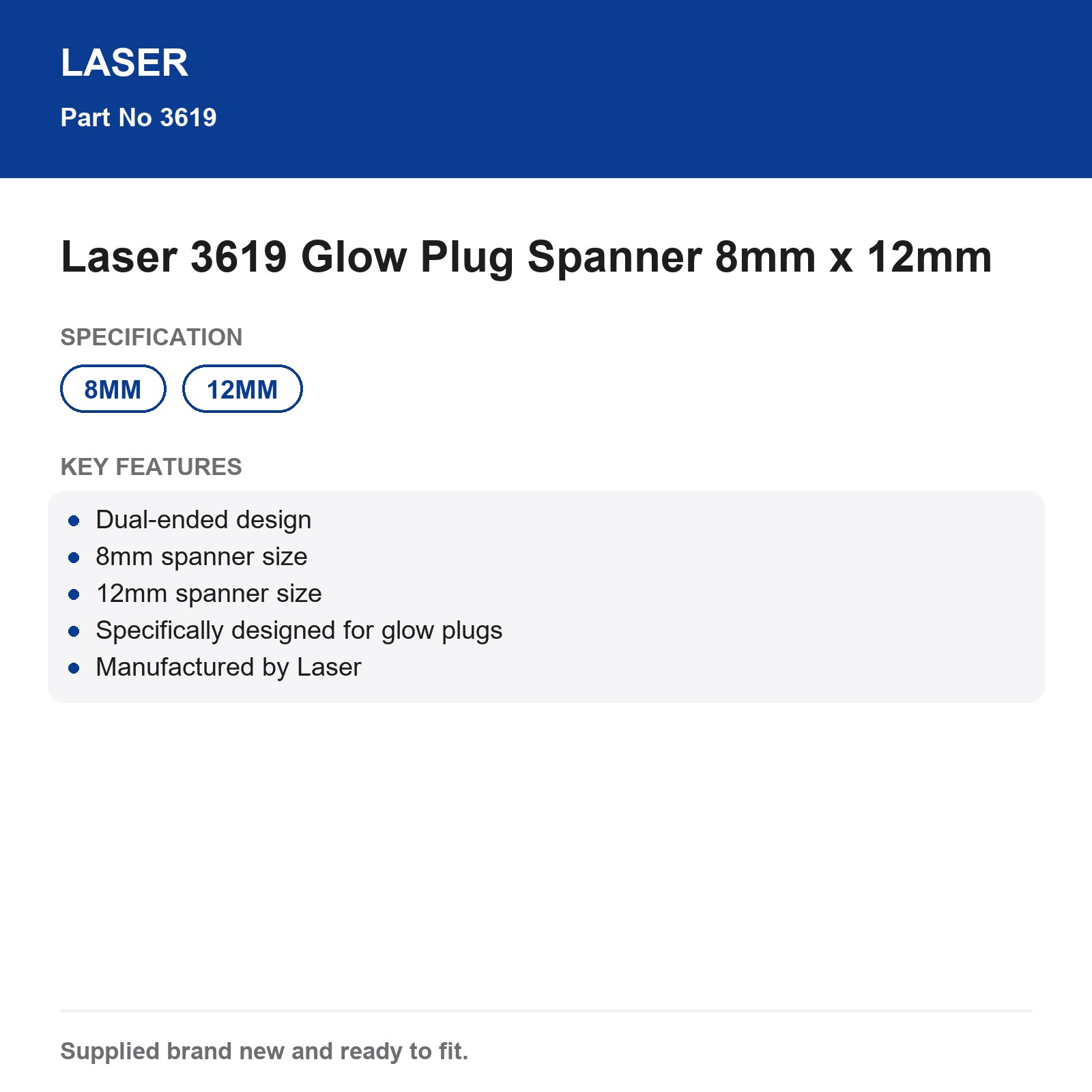 Laser 3619 Glow Plug Spanner Tool 8mm 12mm Dual-Ended - Image 4