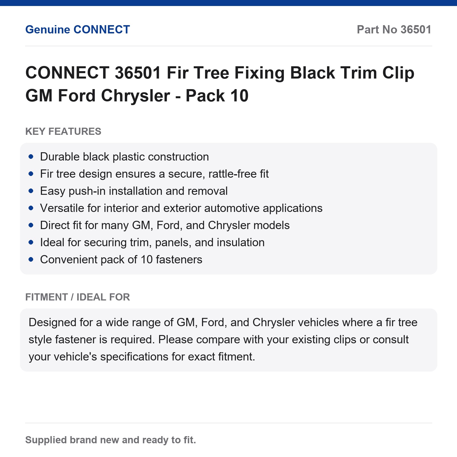 CONNECT 36501 Fir Tree Fixing Black Trim Clip GM Ford Chrysler - Pack 10 - Image 7